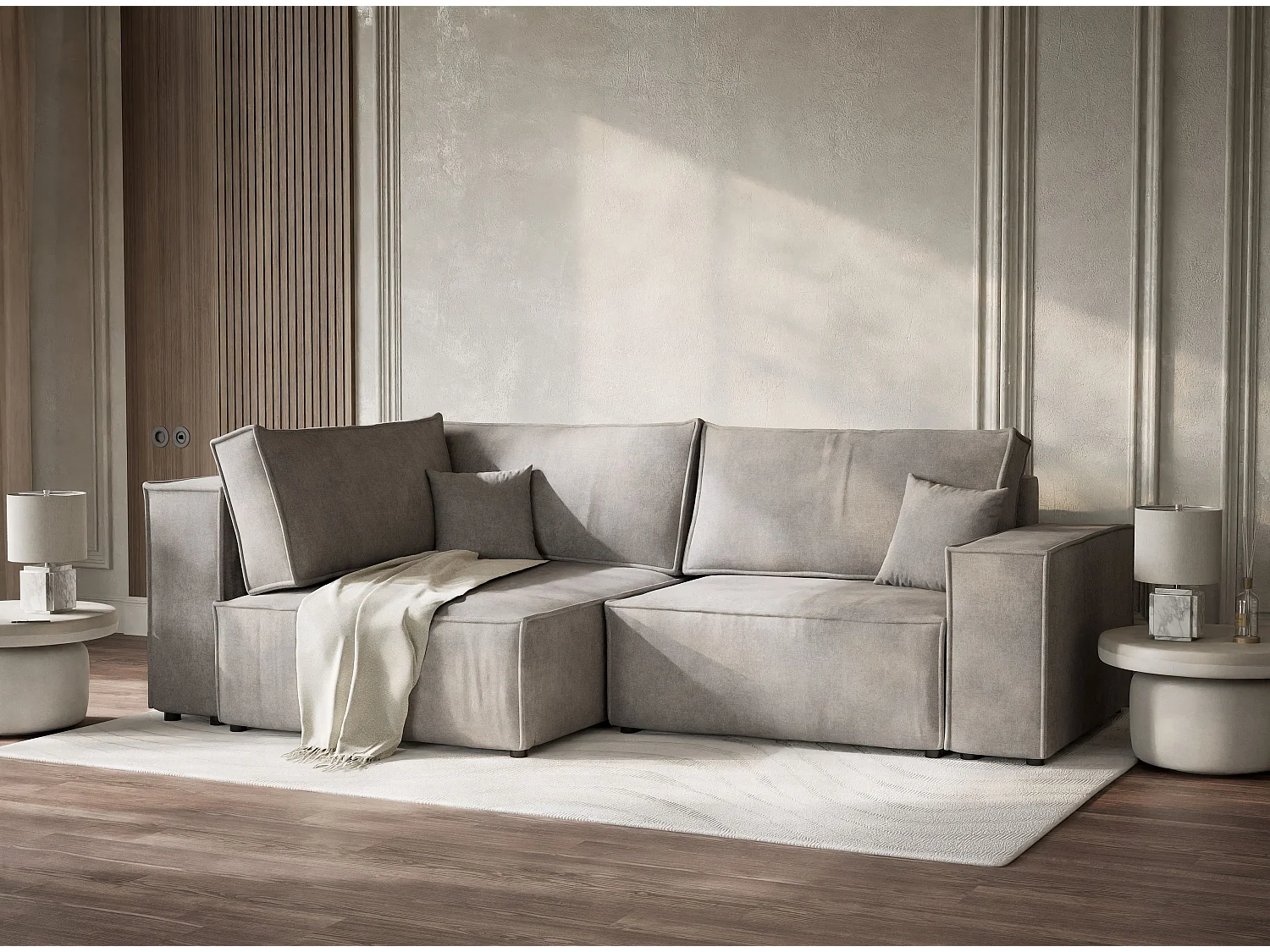 Canapé d'angle gauche avec fonction lit en tissu chenille beige gris TONGA