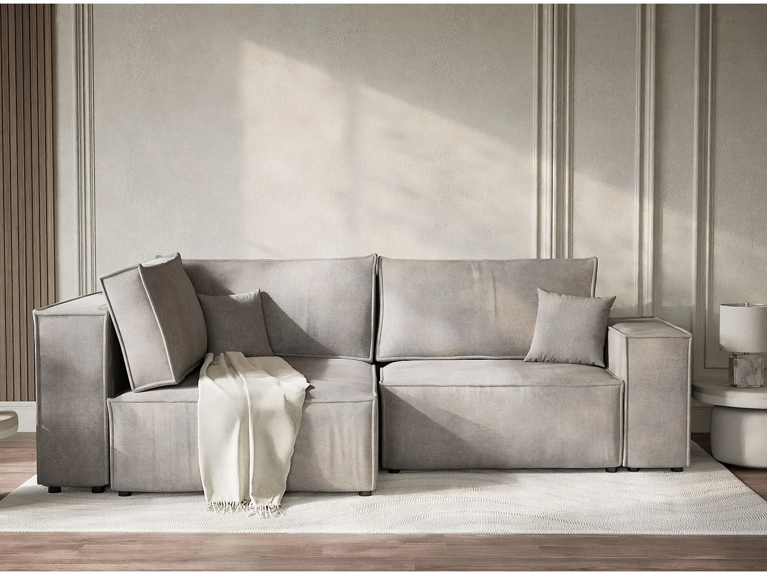 Canapé d'angle gauche avec fonction lit en tissu chenille beige gris TONGA