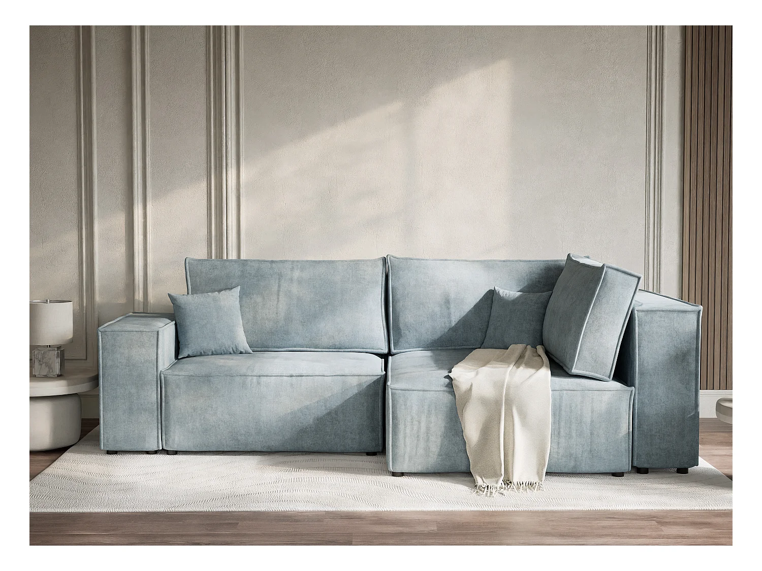 Canapé d'angle droit avec fonction lit en tissu chenille bleu clair TONGA