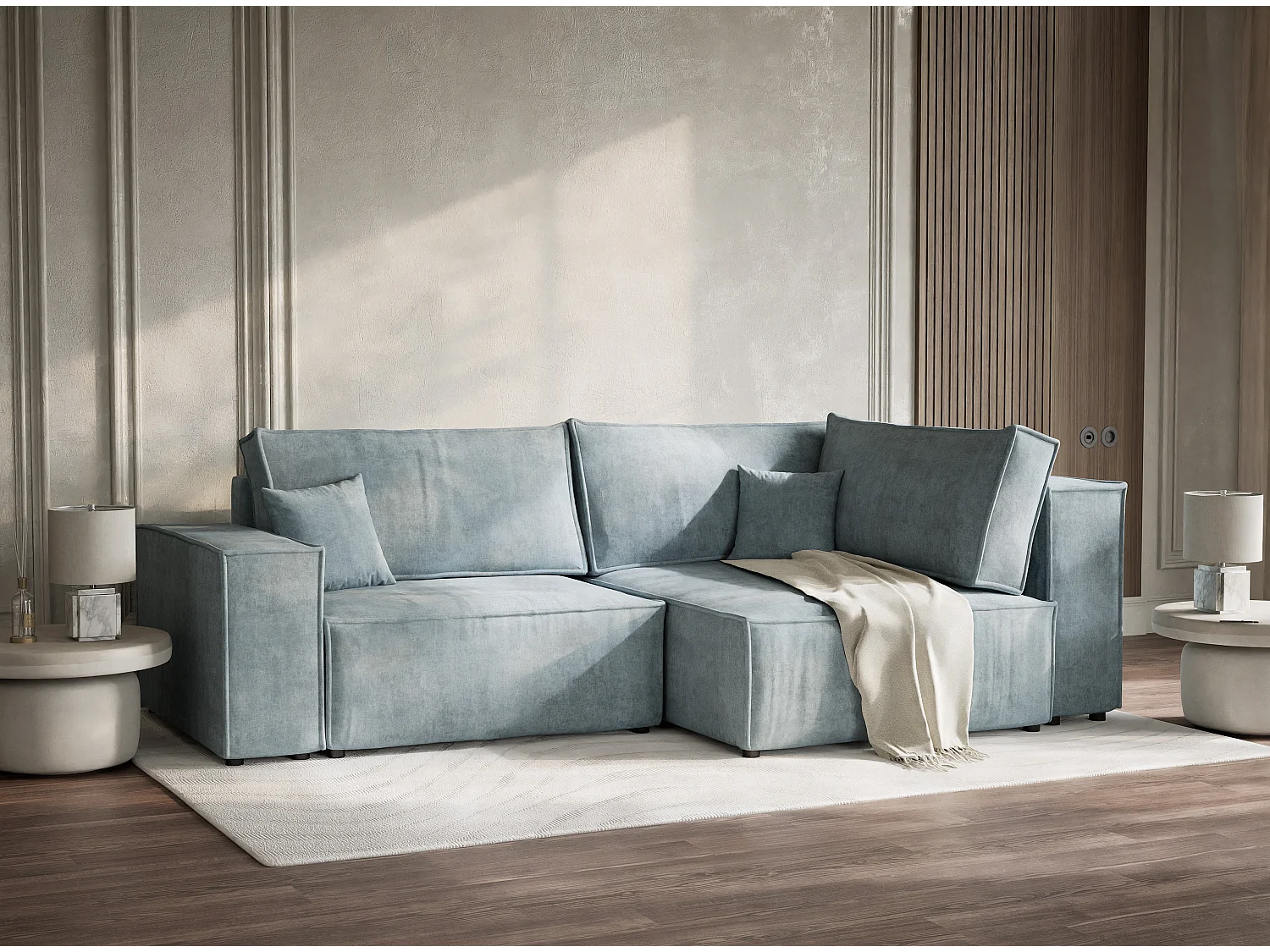 Canapé d'angle droit avec fonction lit en tissu chenille bleu clair TONGA