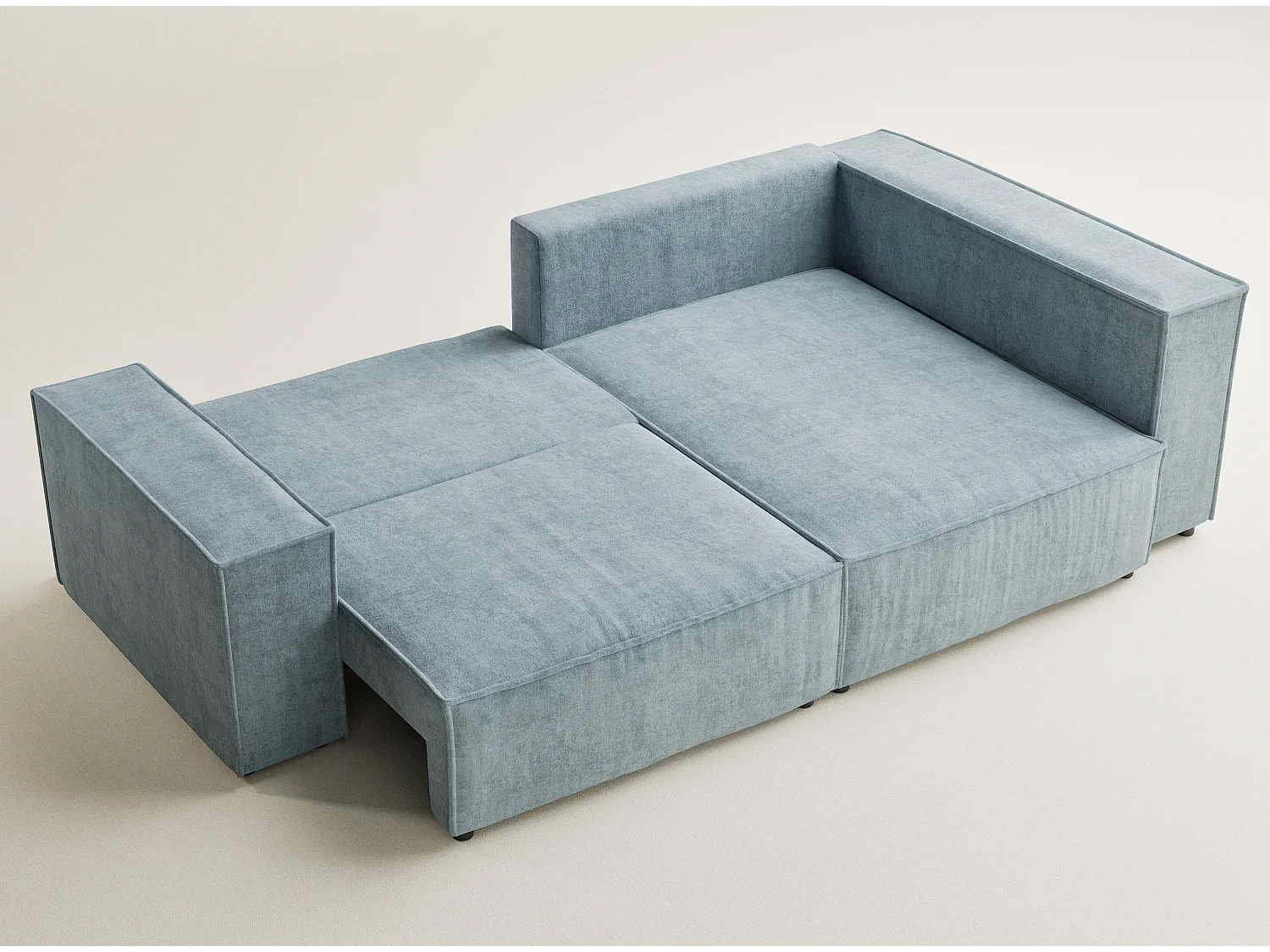 Canapé d'angle droit avec fonction lit en tissu chenille bleu clair TONGA