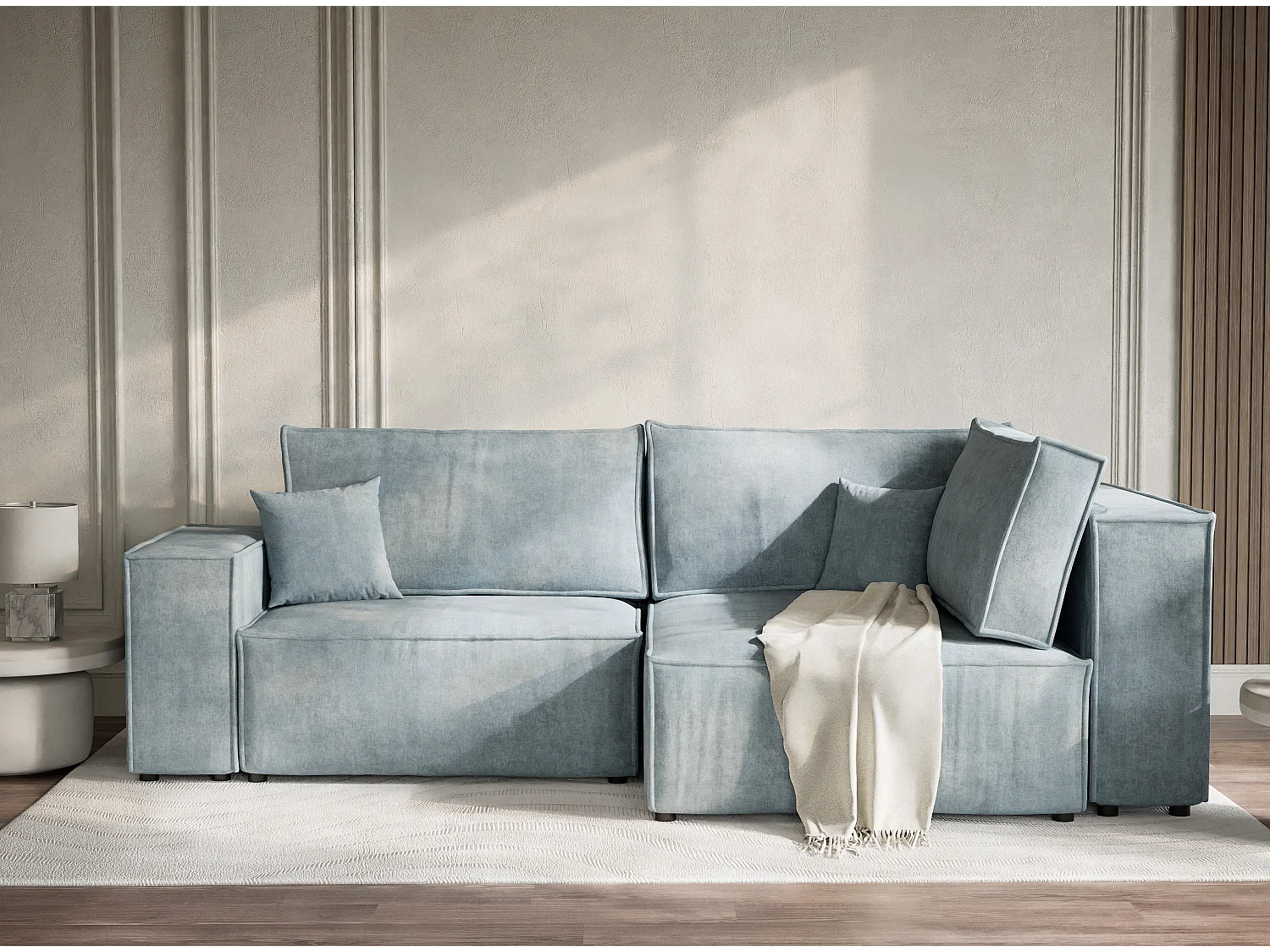 Canapé d'angle droit avec fonction lit en tissu chenille bleu clair TONGA