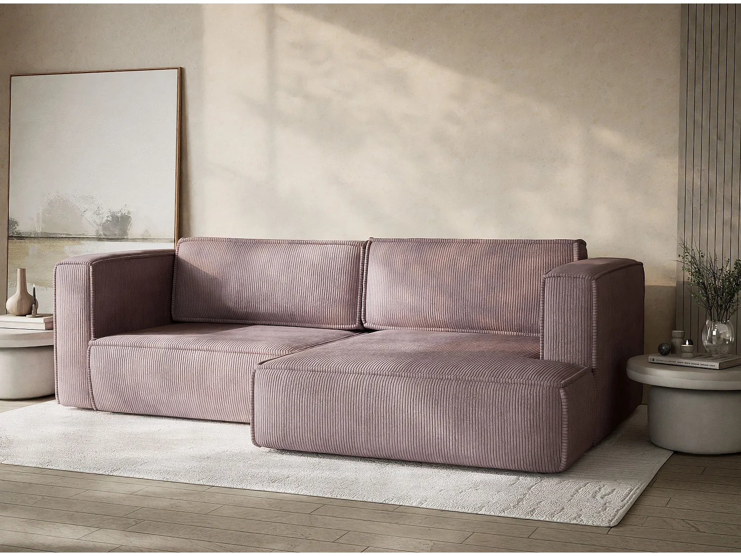 Canapé d'angle droit avec fonction lit en velours violet VELTO