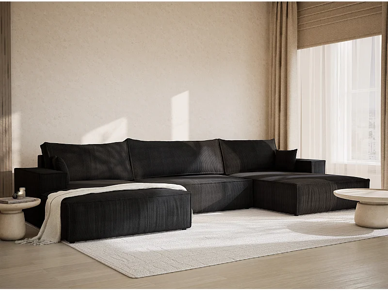 Canapé d'angle panoramique avec fonction lit en velours graphite KYOTO