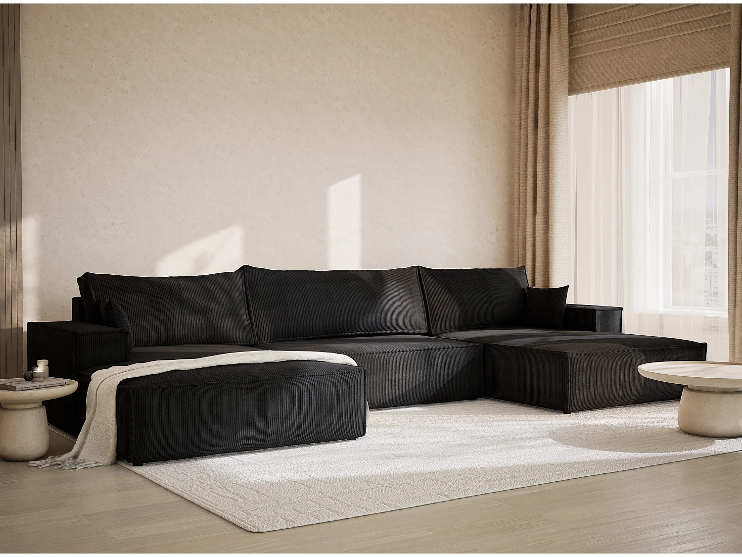 Canapé d'angle panoramique avec fonction lit en velours graphite KYOTO