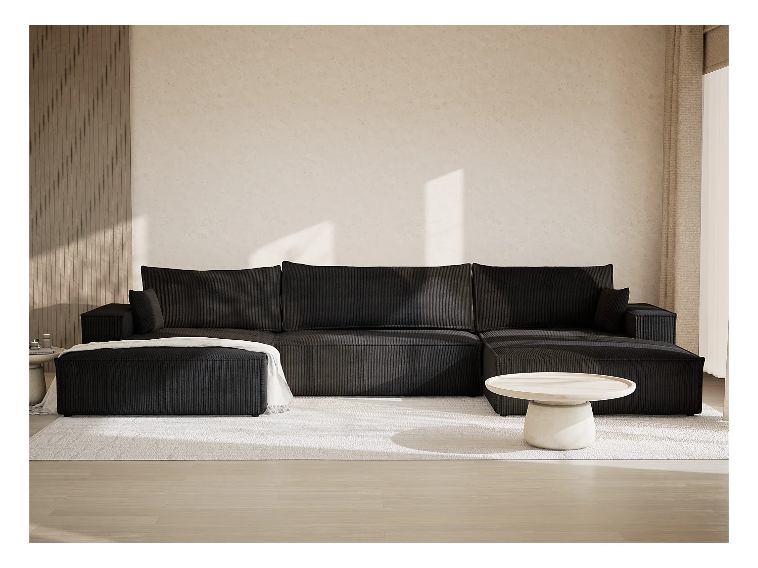 Canapé d'angle panoramique avec fonction lit en velours graphite KYOTO