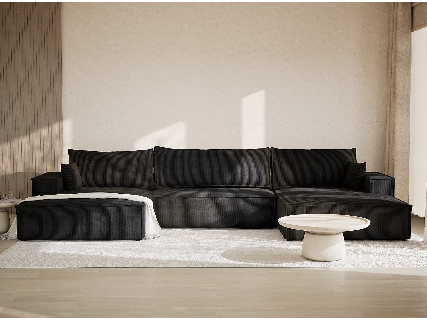 Canapé d'angle panoramique avec fonction lit en velours graphite KYOTO
