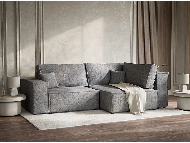 Canapé d'angle droit avec fonction lit en tissu tressé gris TONGA