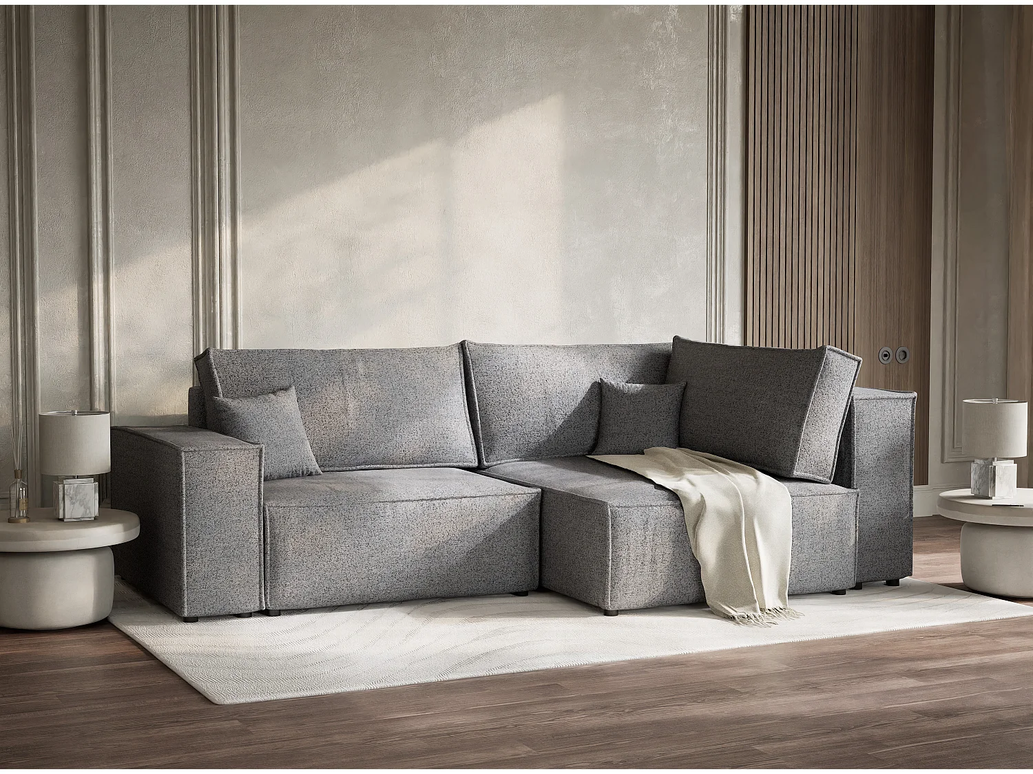 Canapé d'angle droit avec fonction lit en tissu tressé gris TONGA