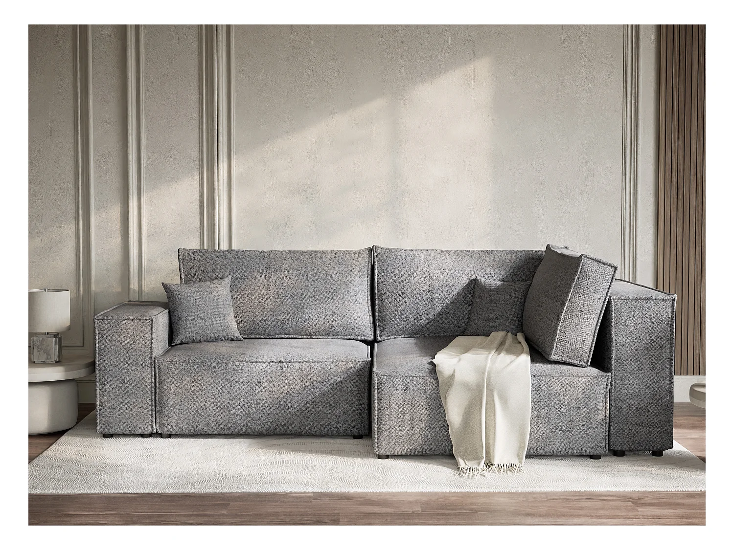 Canapé d'angle droit avec fonction lit en tissu tressé gris TONGA