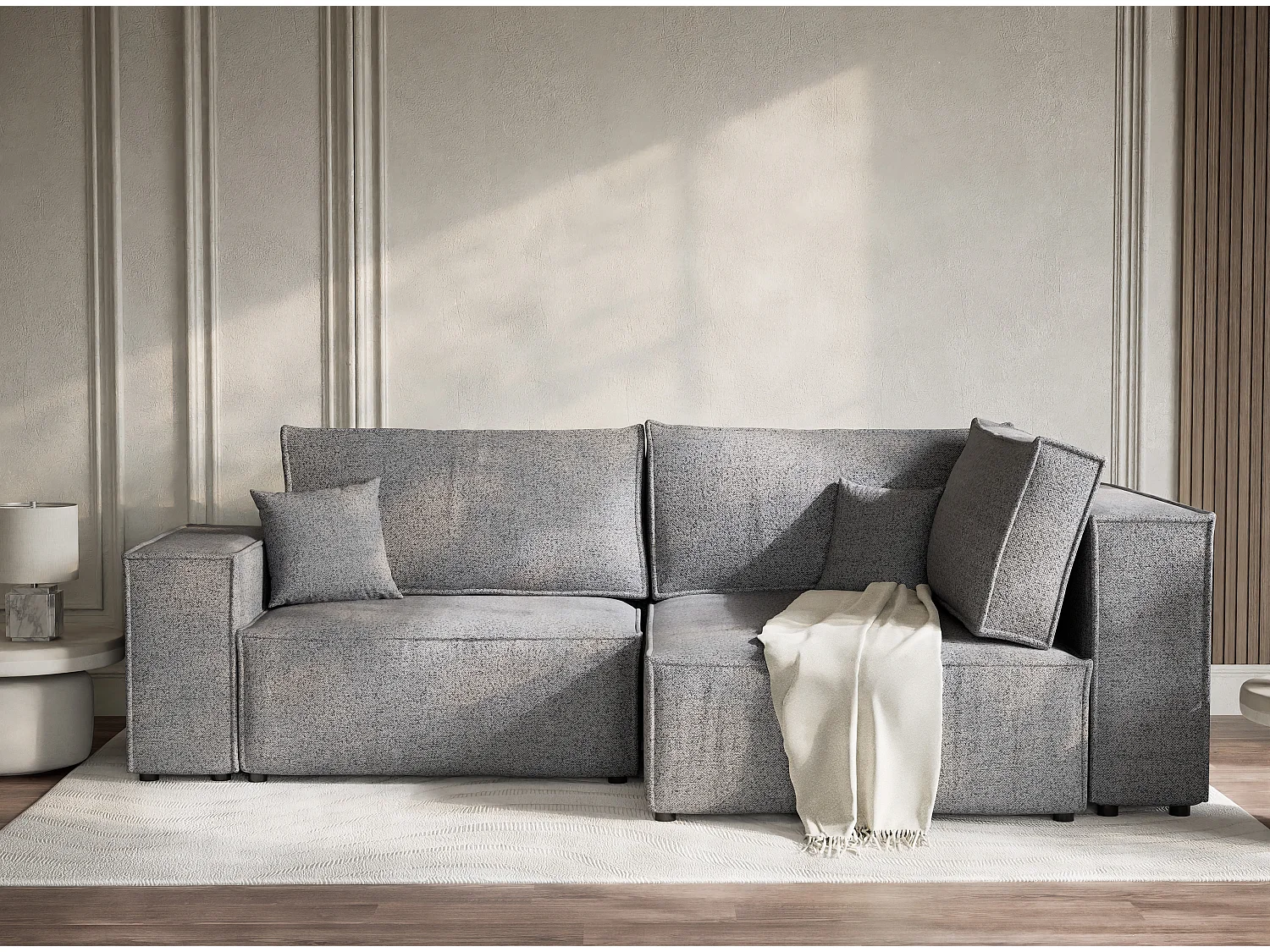 Canapé d'angle droit avec fonction lit en tissu tressé gris TONGA