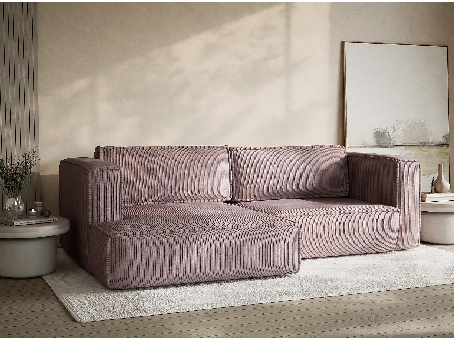 Canapé d'angle gauche avec fonction lit en velours violet VELTO