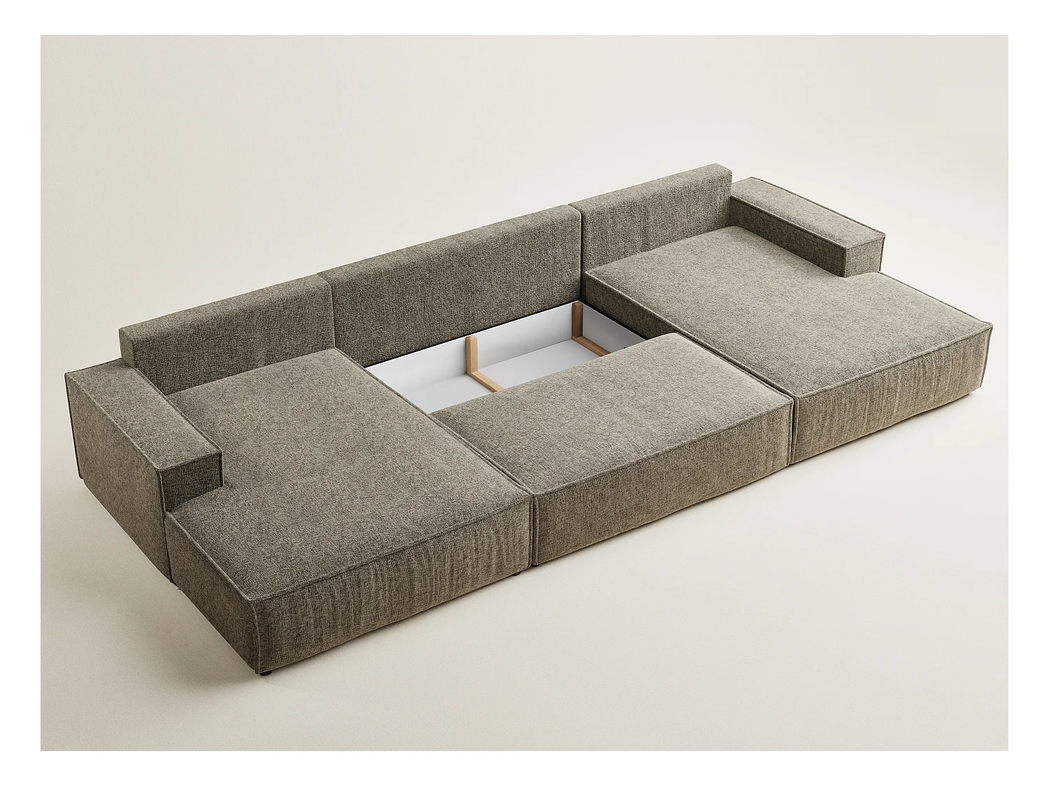 Canapé d'angle panoramique avec fonction lit en tissu chenille taupe KYOTO