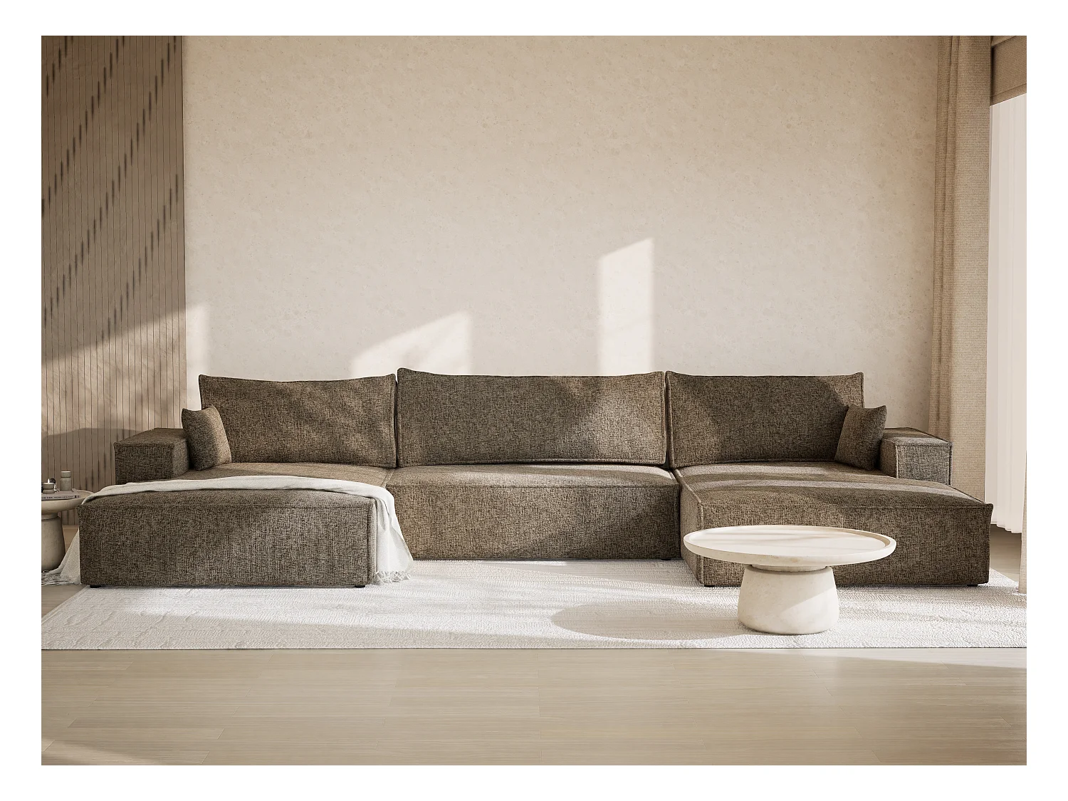 Canapé d'angle panoramique avec fonction lit en tissu chenille taupe KYOTO