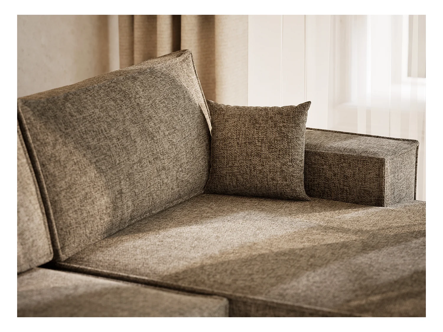 Canapé d'angle panoramique avec fonction lit en tissu chenille taupe KYOTO