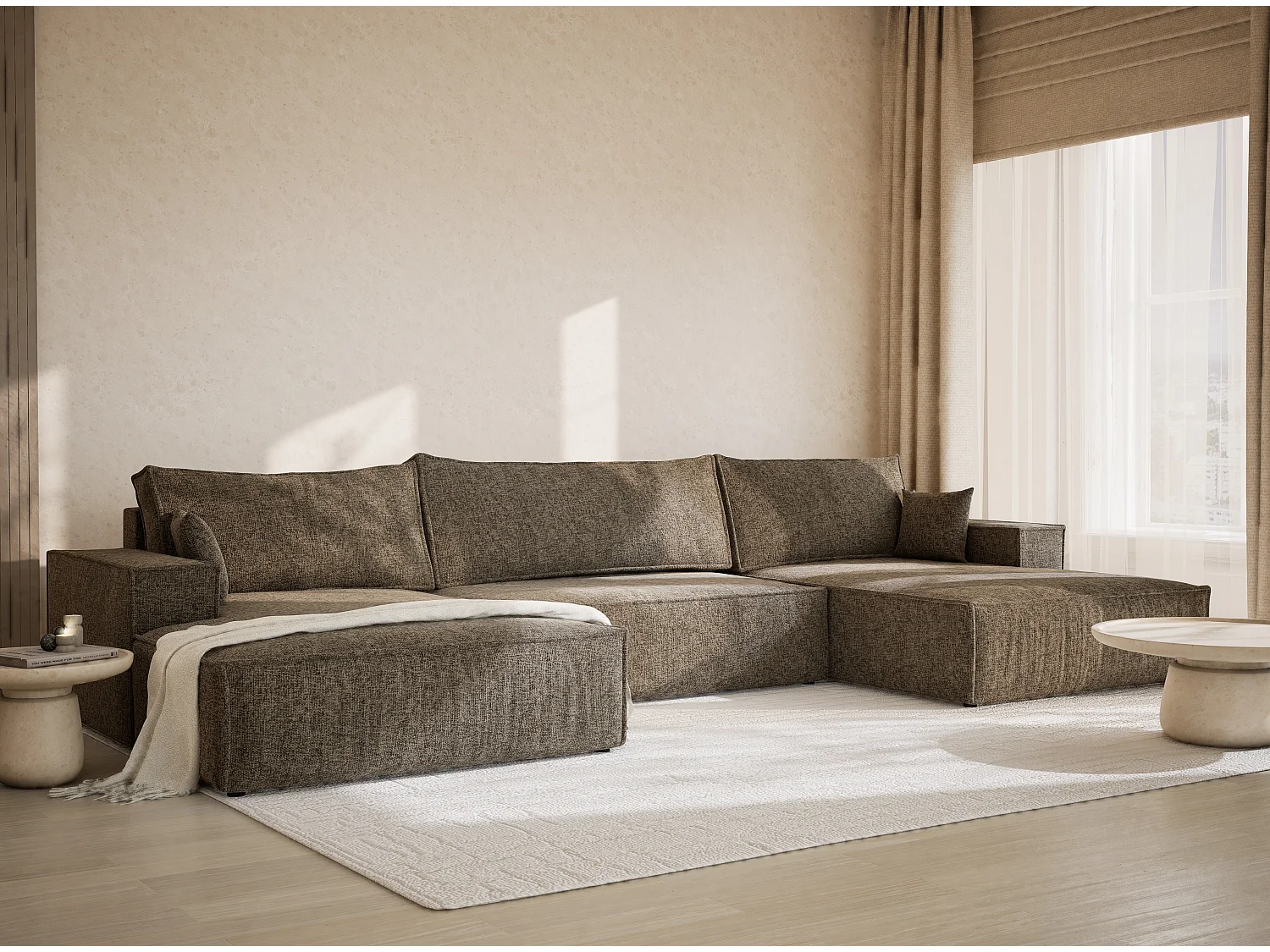 Canapé d'angle panoramique avec fonction lit en tissu chenille brun KYOTO