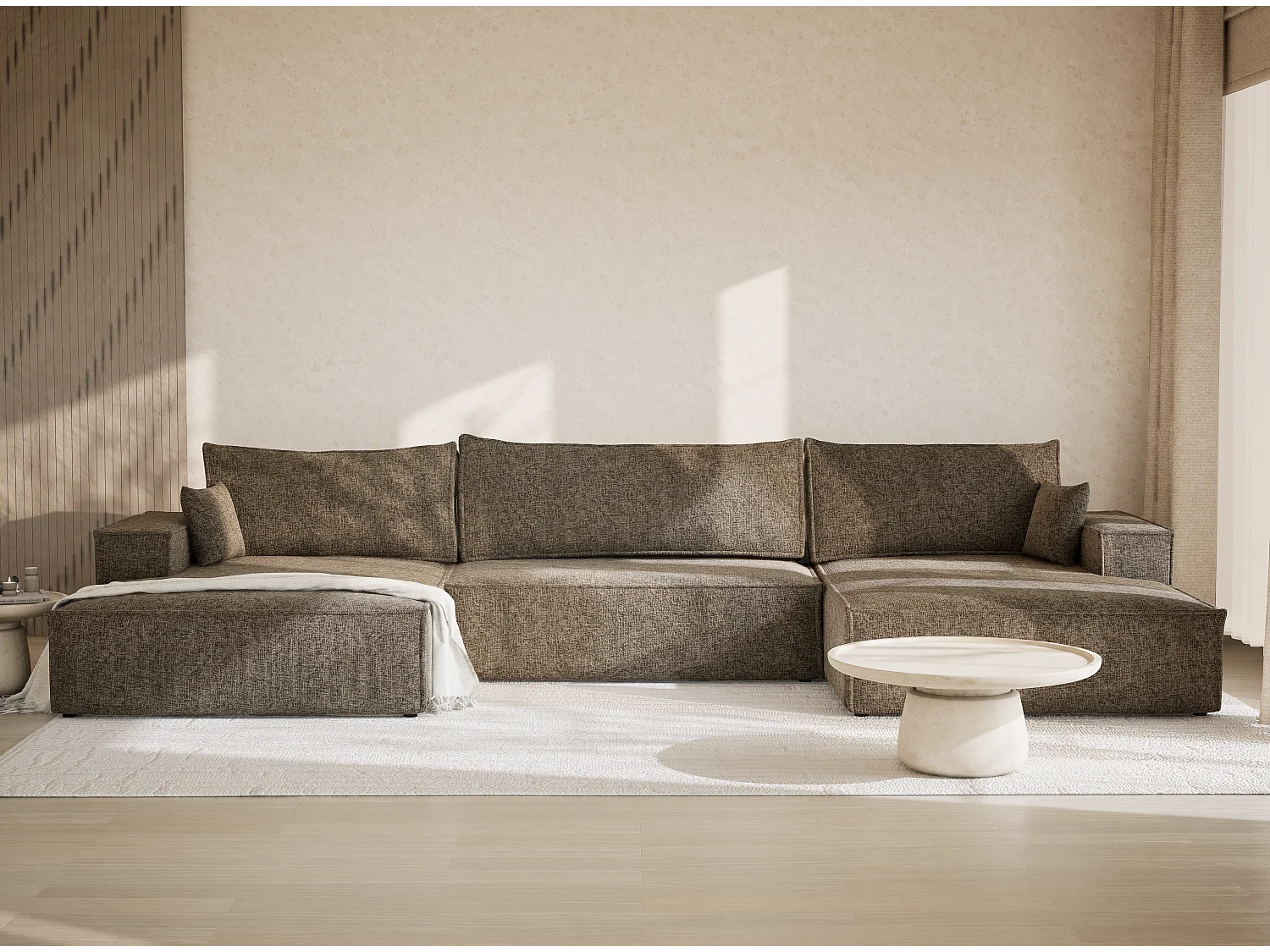 Canapé d'angle panoramique avec fonction lit en tissu chenille brun KYOTO