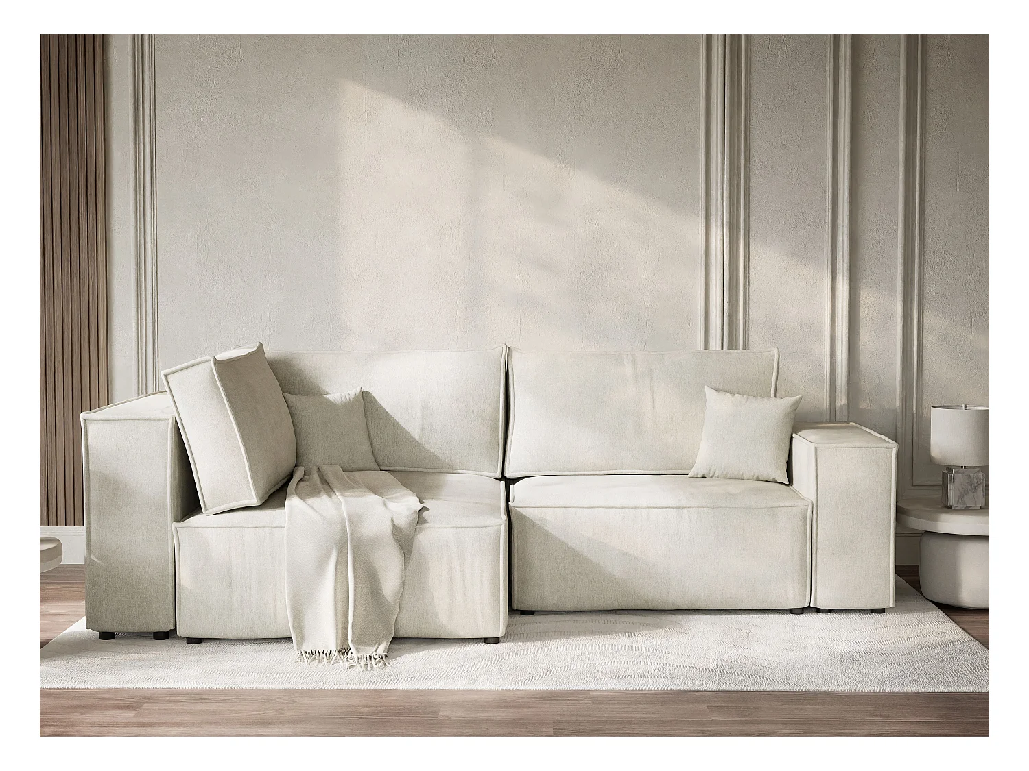 Canapé d'angle gauche avec fonction lit en tissu chenille creme TONGA