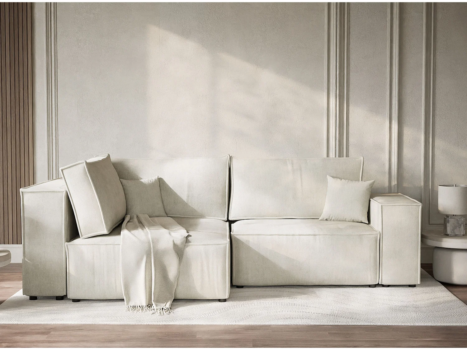 Canapé d'angle gauche avec fonction lit en tissu chenille creme TONGA