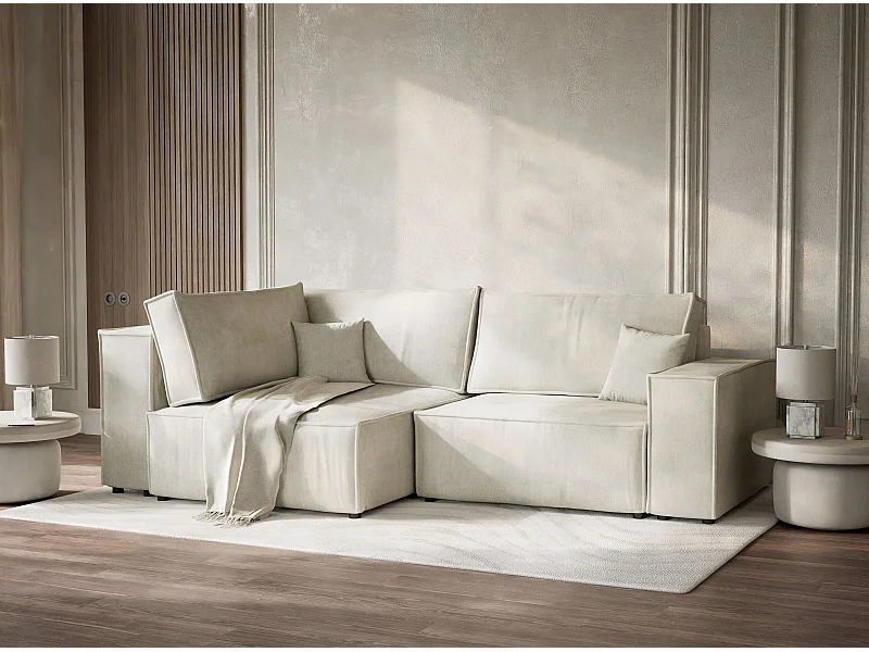 Canapé d'angle gauche avec fonction lit en tissu chenille creme TONGA