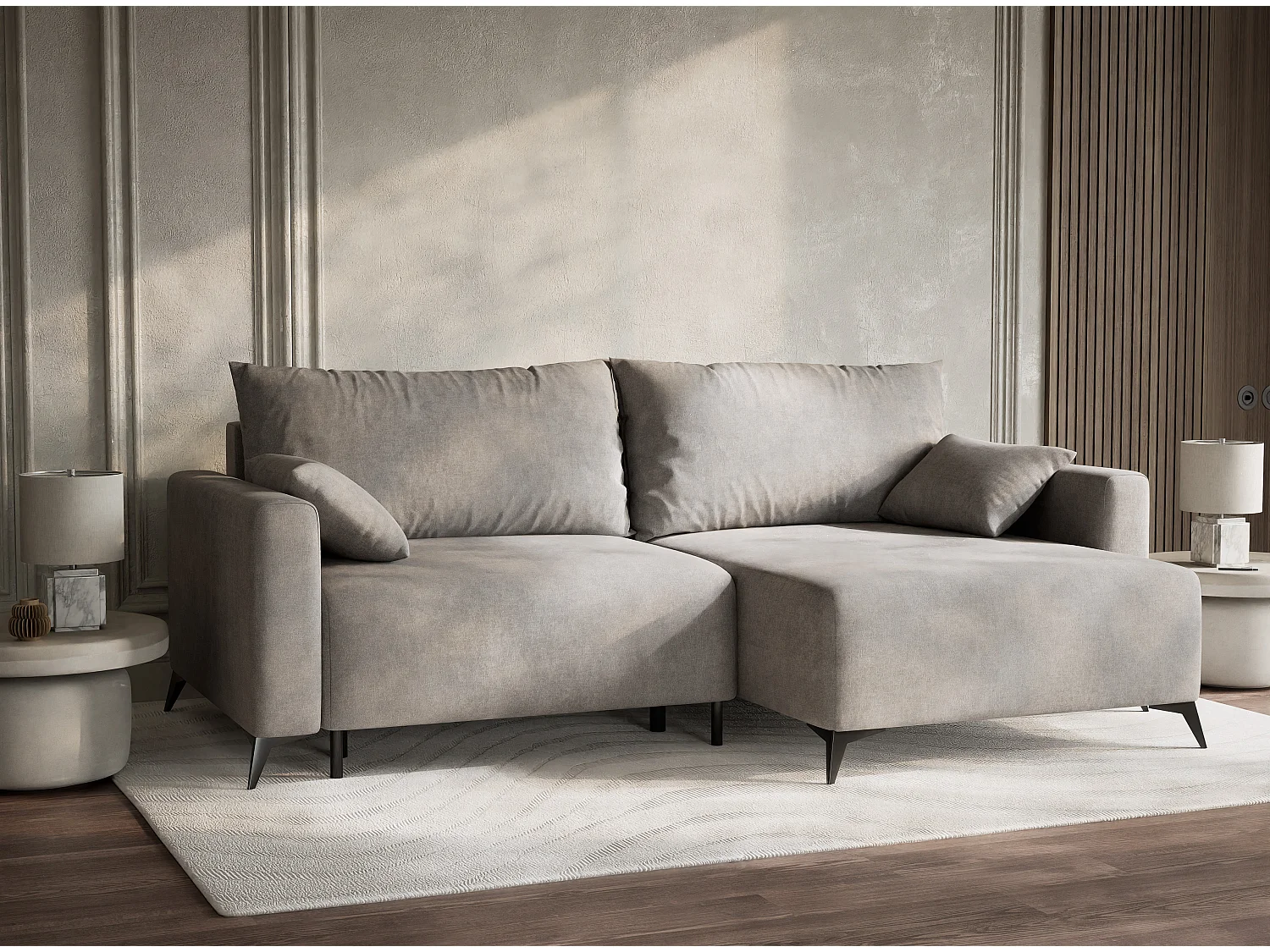 Canapé d'angle droit avec fonction lit en tissu chenille beige gris LEON