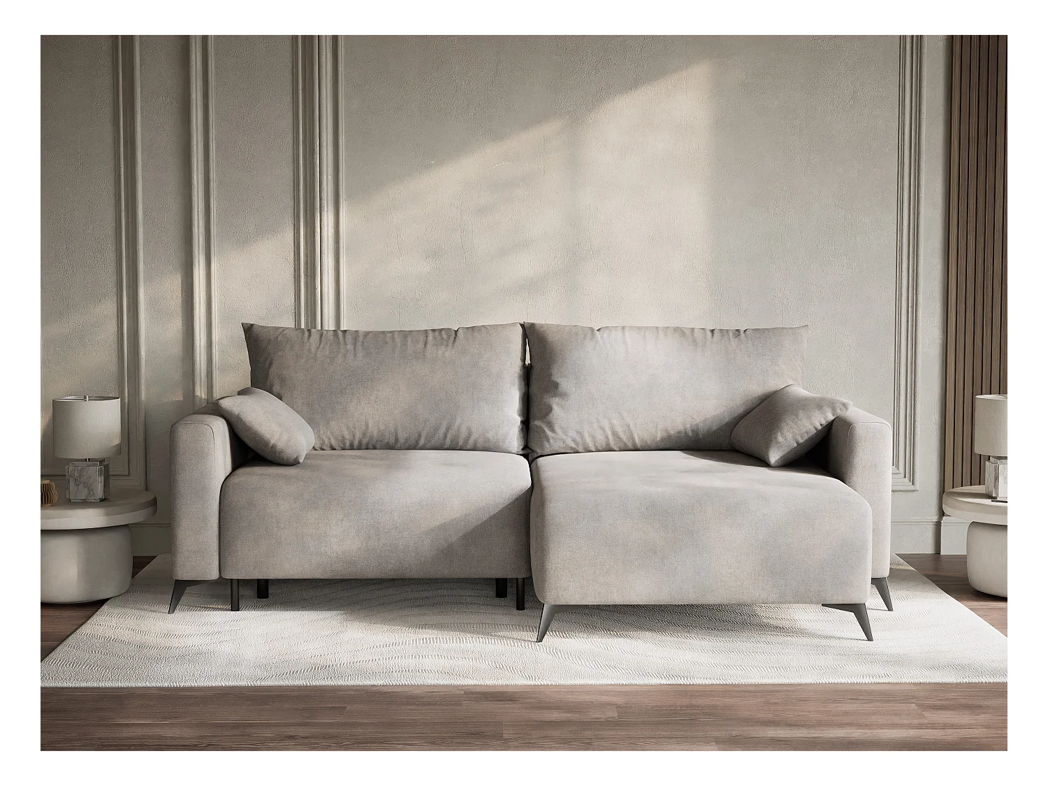 Canapé d'angle droit avec fonction lit en tissu chenille beige gris LEON