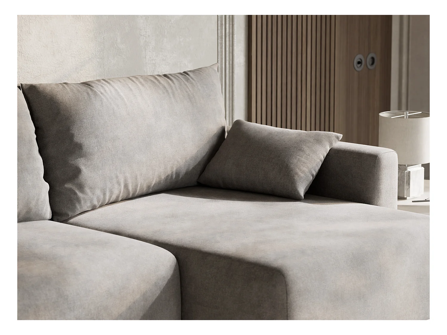 Canapé d'angle droit avec fonction lit en tissu chenille beige gris LEON