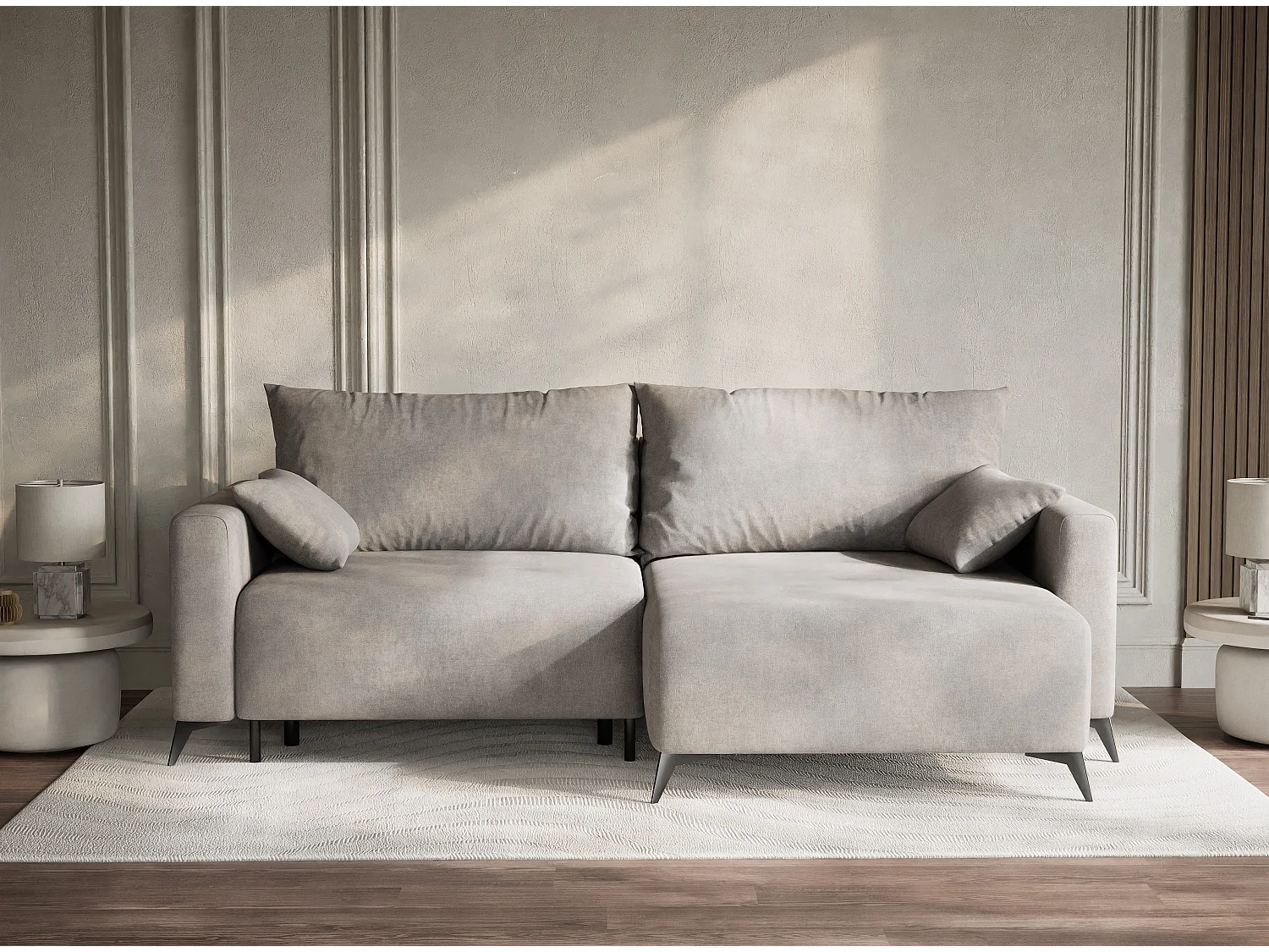 Canapé d'angle droit avec fonction lit en tissu chenille beige gris LEON