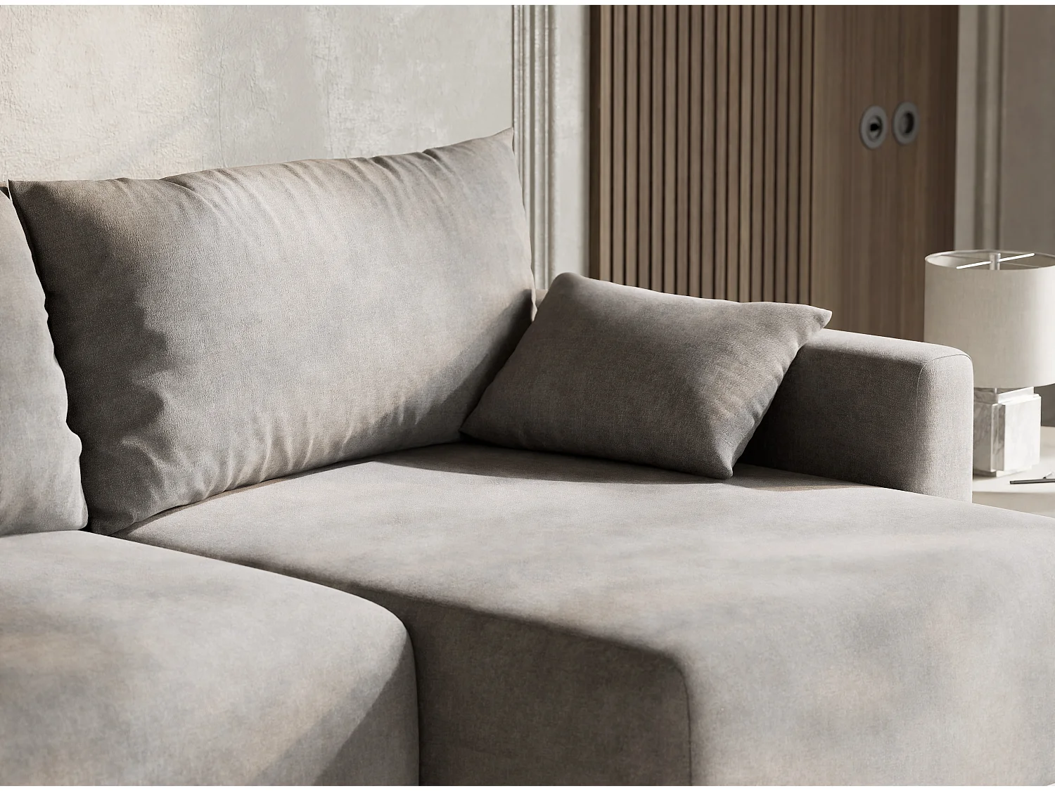 Canapé d'angle droit avec fonction lit en tissu chenille beige gris LEON