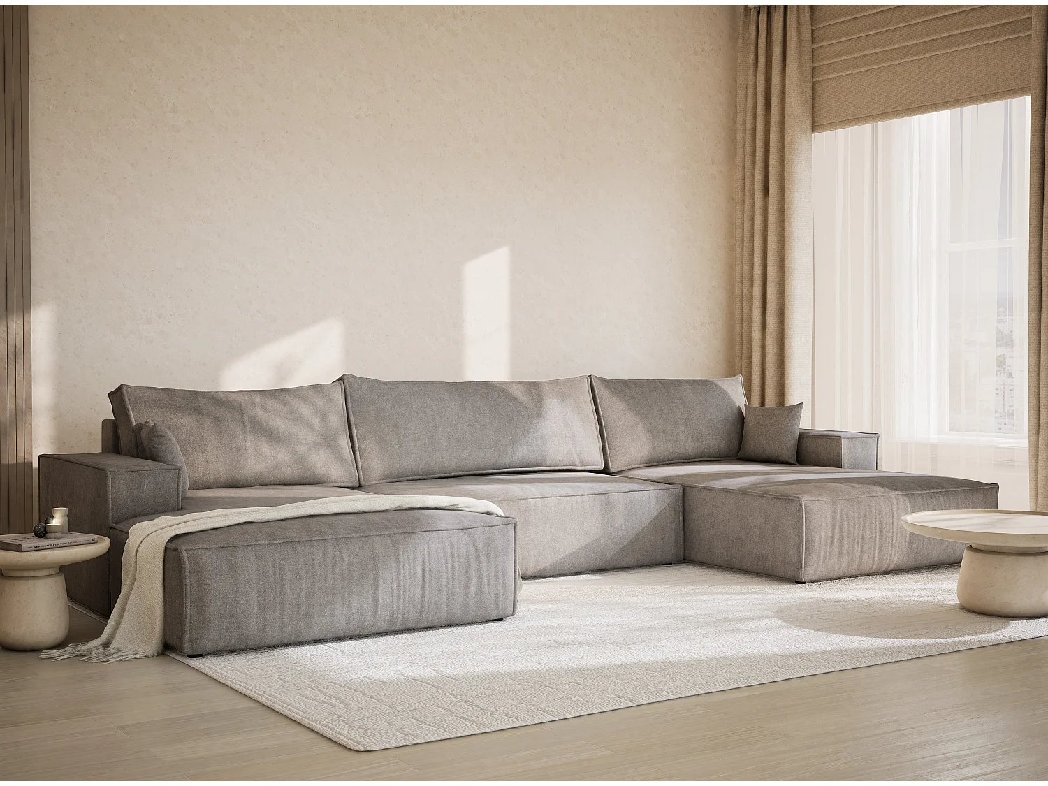 Canapé d'angle panoramique avec fonction lit en tissu chenille beige gris KYOTO