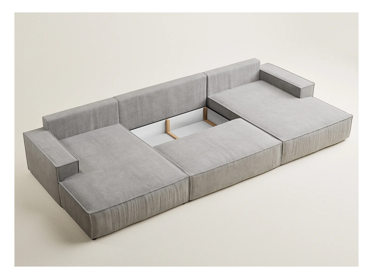 Canapé d'angle panoramique avec fonction lit en tissu chenille beige gris KYOTO