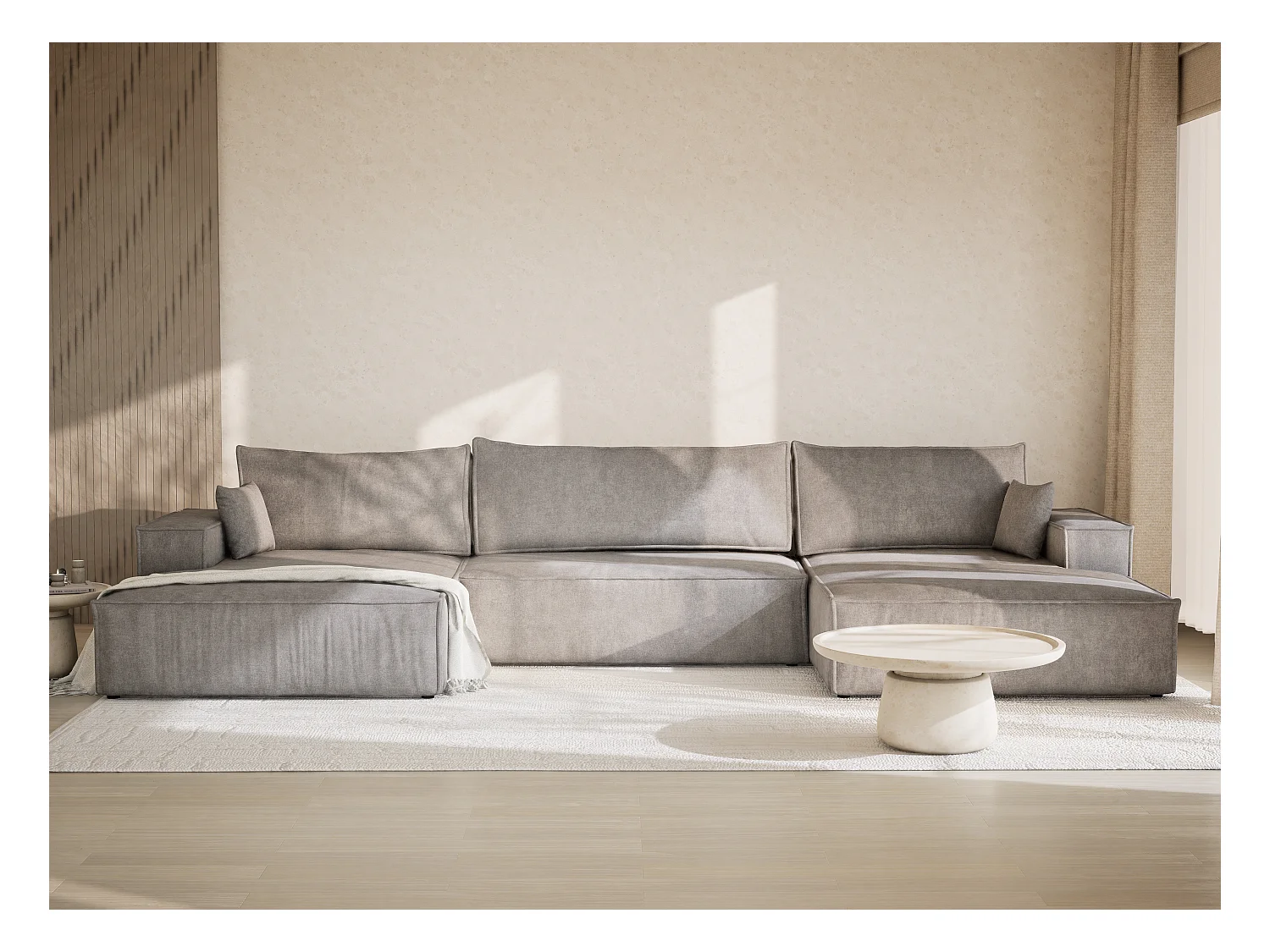 Canapé d'angle panoramique avec fonction lit en tissu chenille beige gris KYOTO