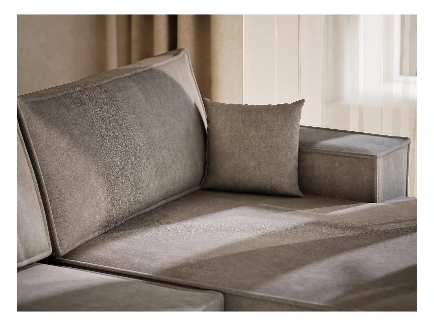 Canapé d'angle panoramique avec fonction lit en tissu chenille beige gris KYOTO