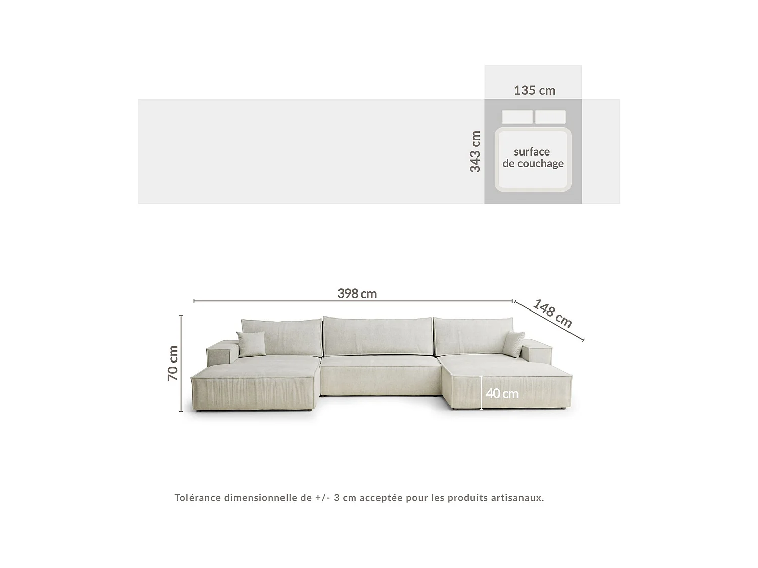 Canapé d'angle panoramique avec fonction lit en tissu chenille beige gris KYOTO