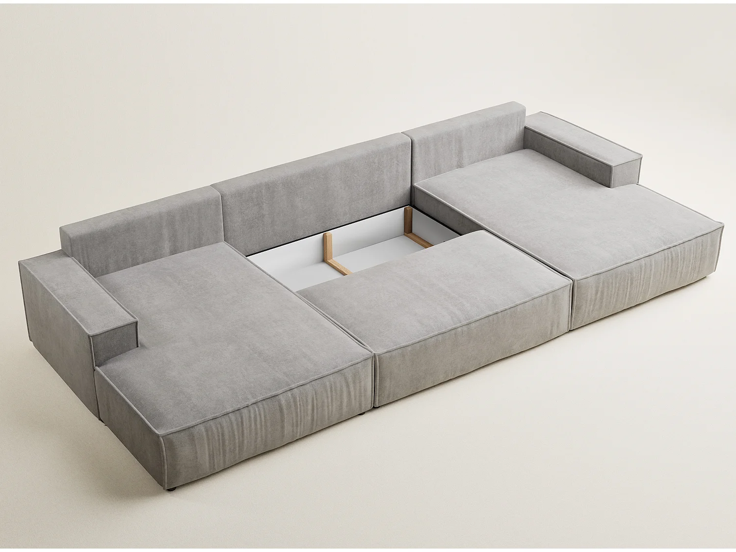 Canapé d'angle panoramique avec fonction lit en tissu chenille beige gris KYOTO