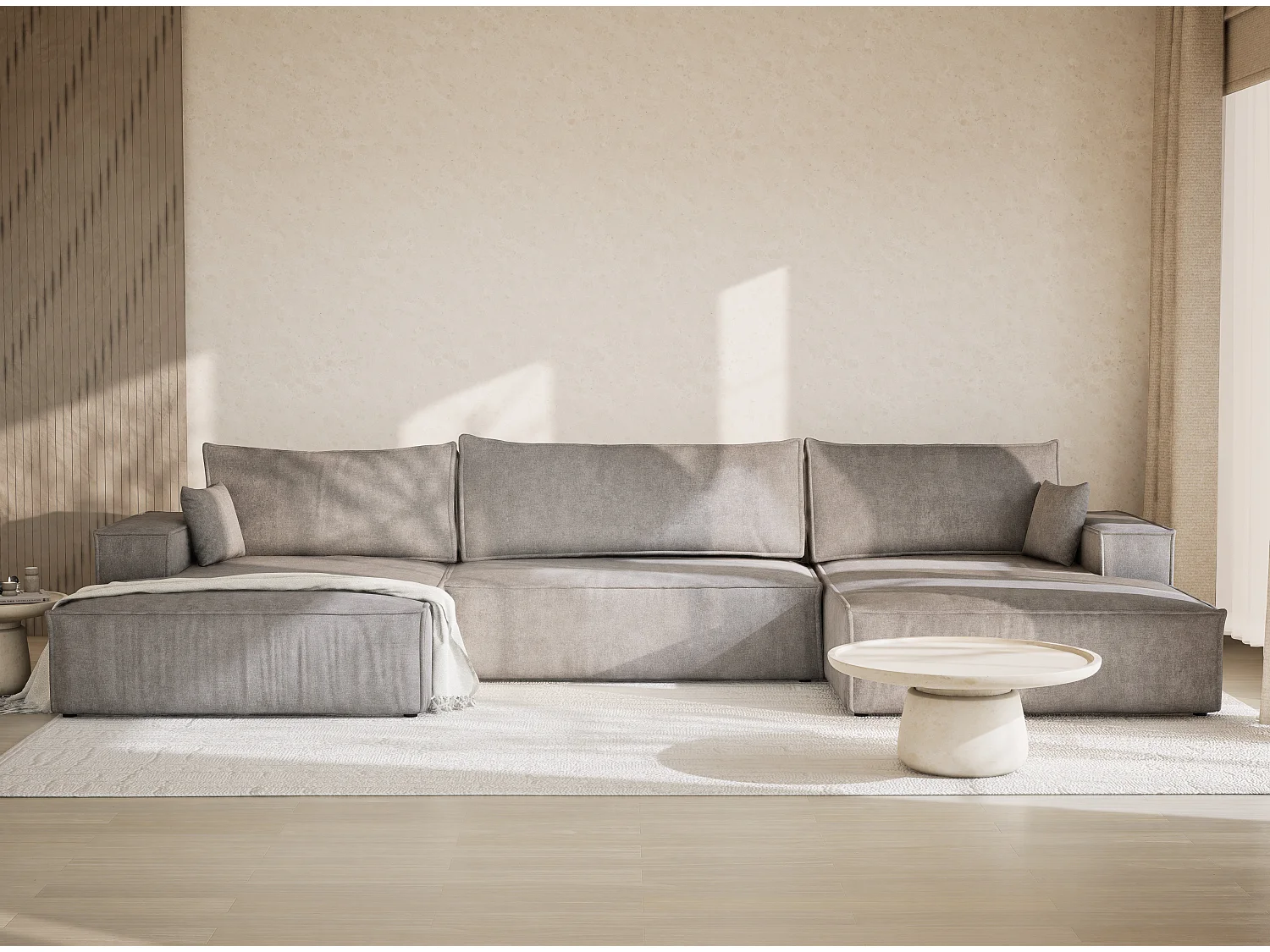 Canapé d'angle panoramique avec fonction lit en tissu chenille beige gris KYOTO