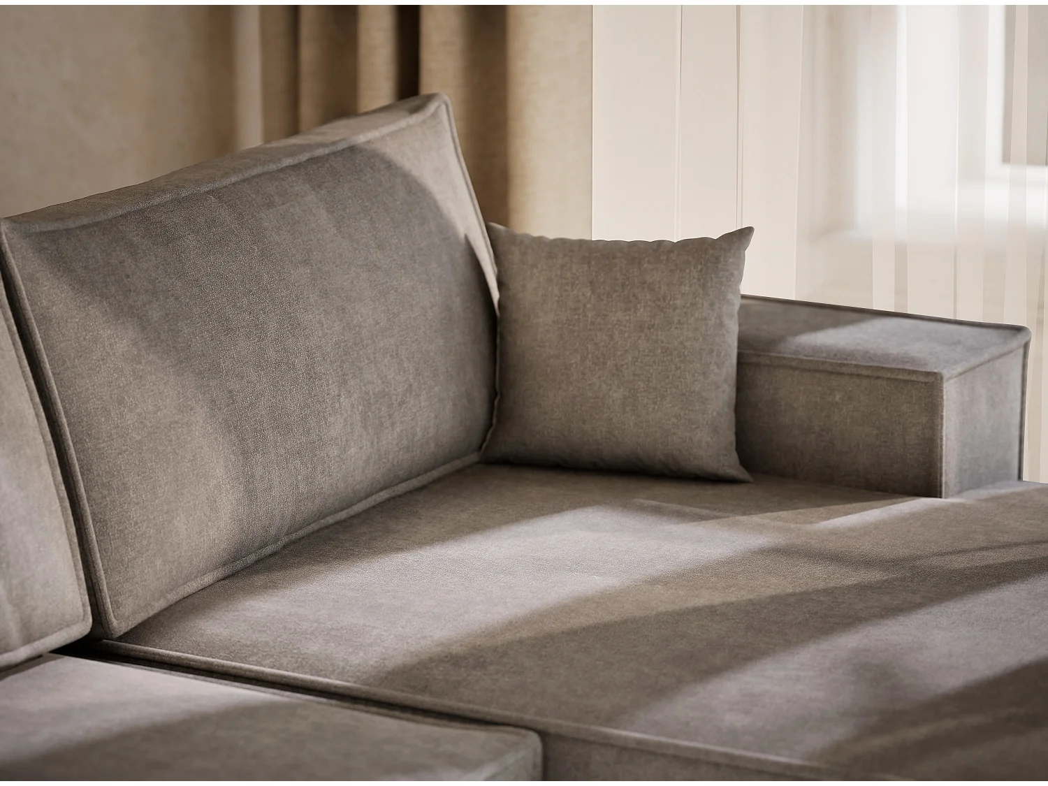 Canapé d'angle panoramique avec fonction lit en tissu chenille beige gris KYOTO