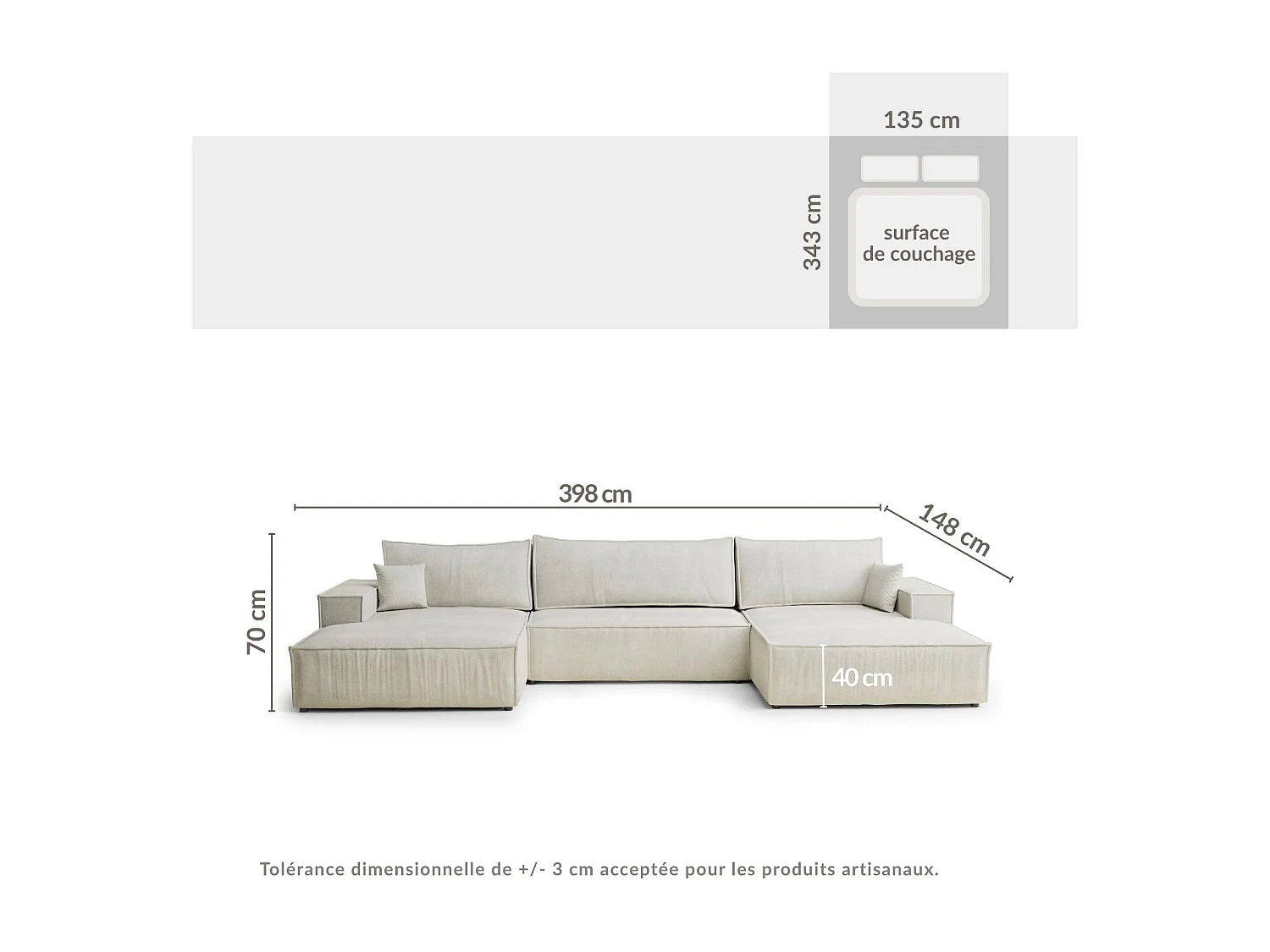 Canapé d'angle panoramique avec fonction lit en tissu chenille beige gris KYOTO