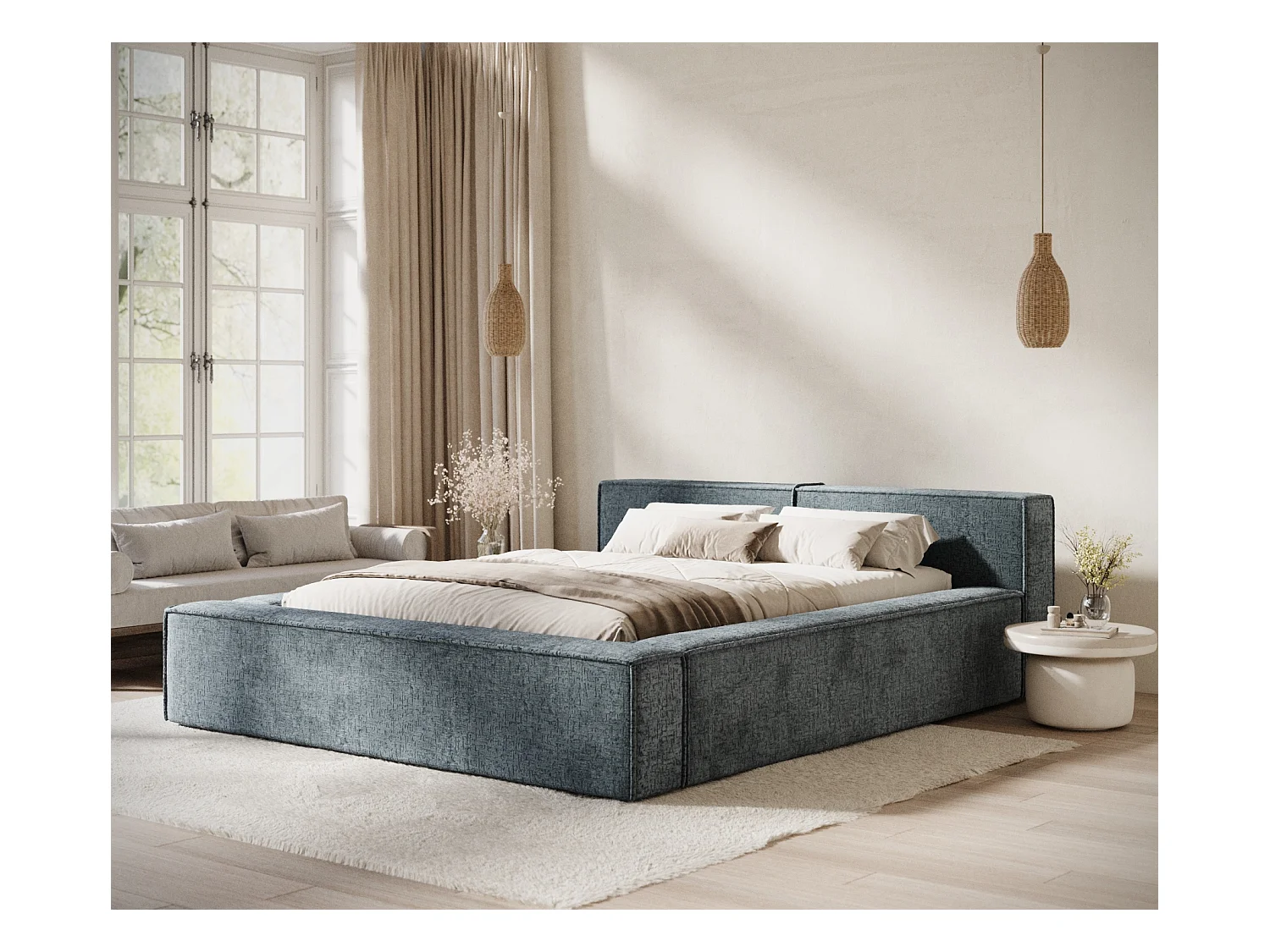 Lit coffre 140 x 200 cm avec tête de lit VOLIERA - en tissu chenille - gris