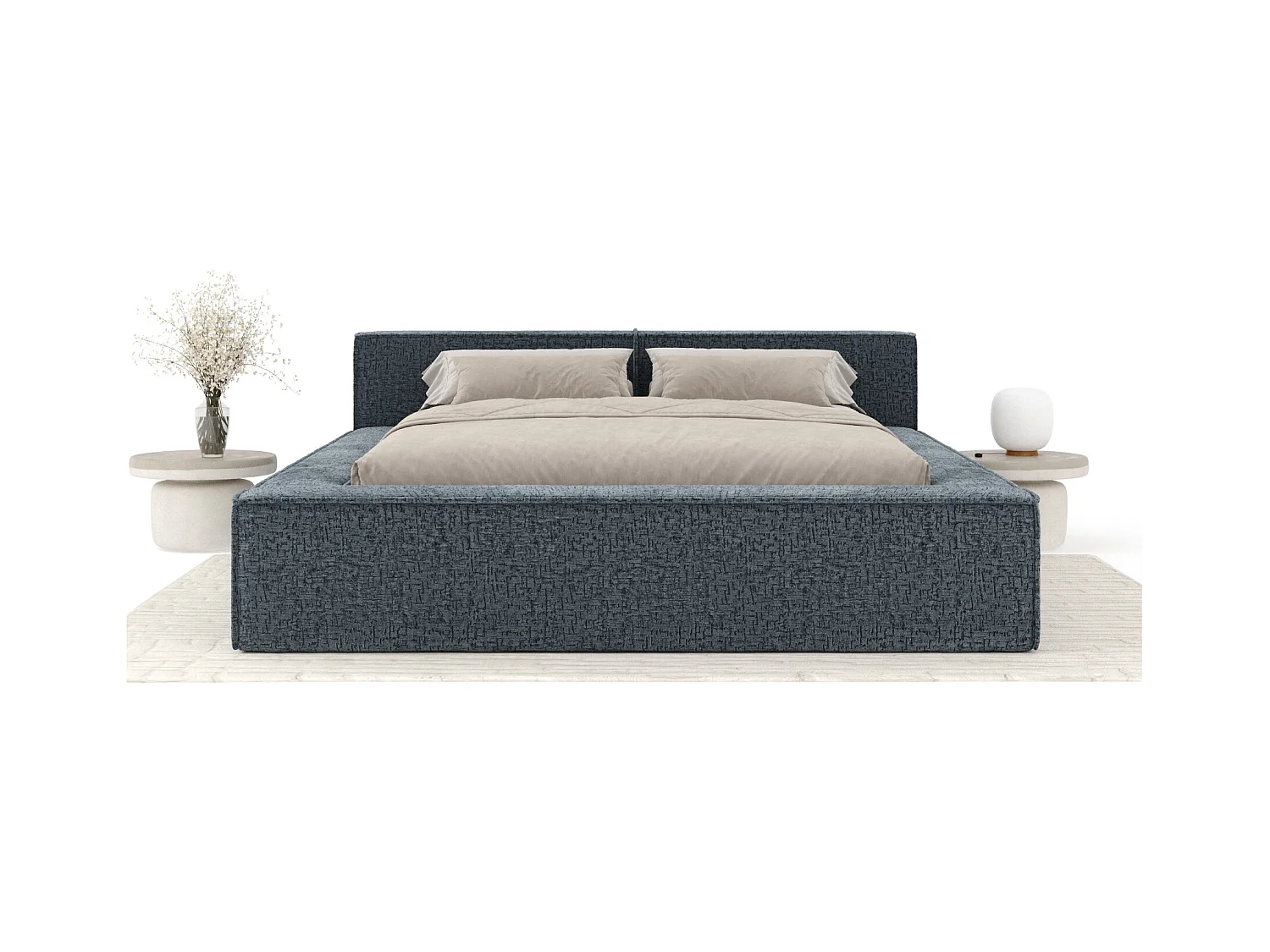 Lit coffre 140 x 200 cm avec tête de lit VOLIERA - en tissu chenille - gris