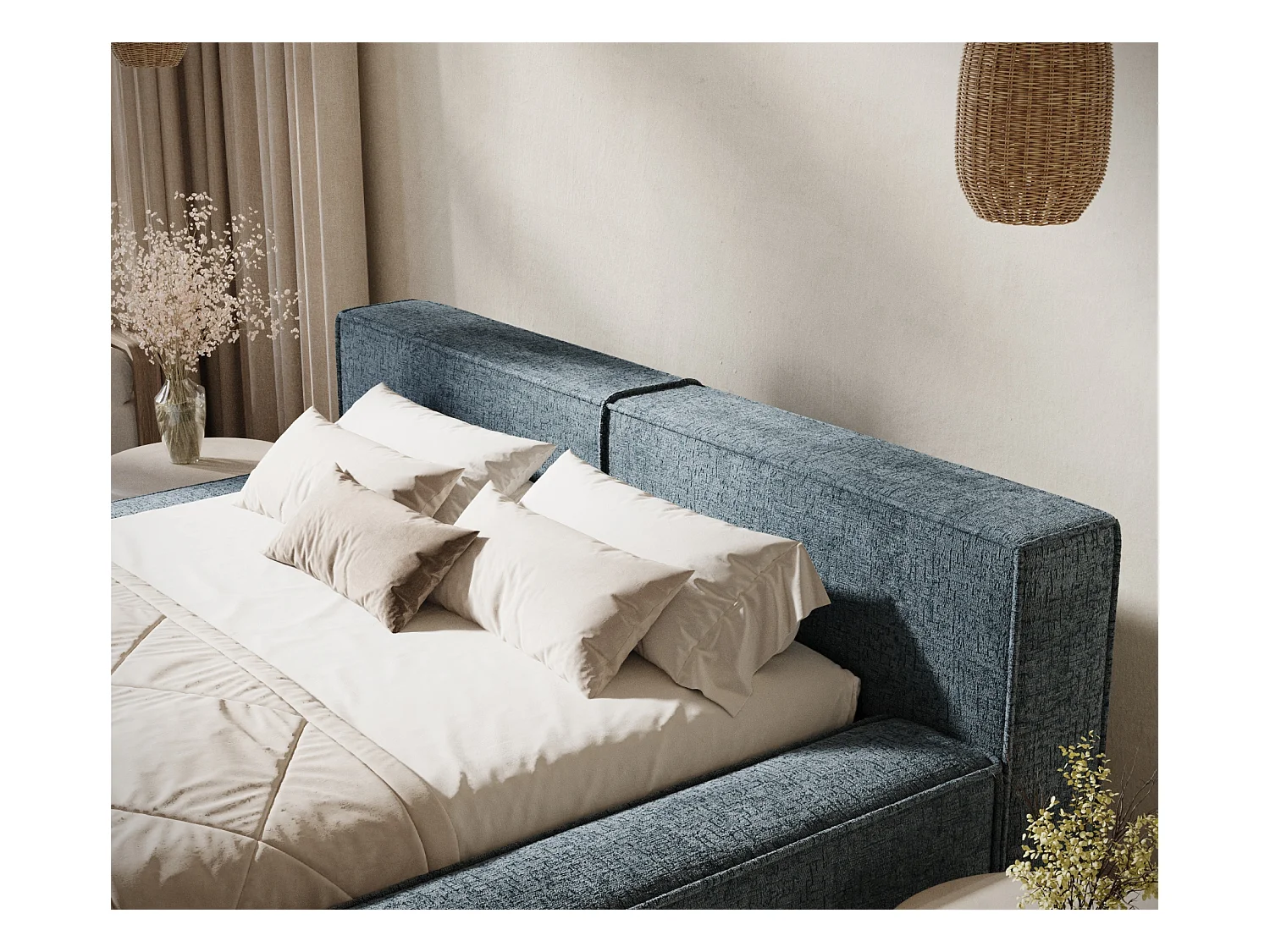 Lit coffre 140 x 200 cm avec tête de lit VOLIERA - en tissu chenille - gris