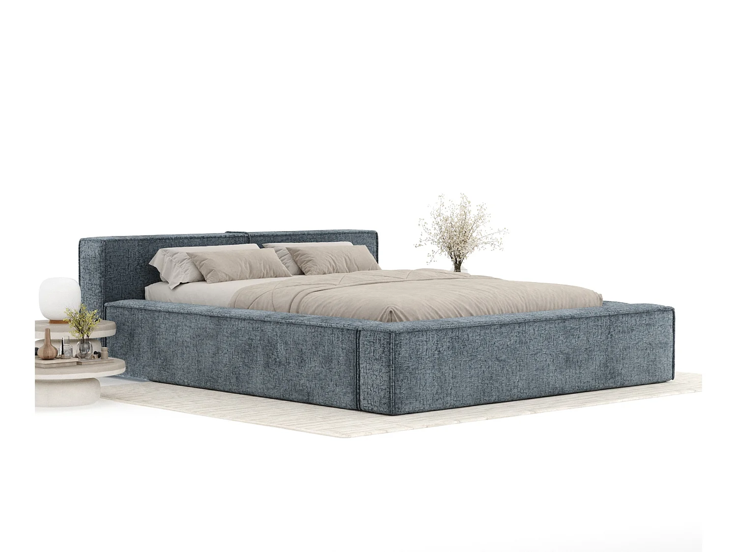 Lit coffre 140 x 200 cm avec tête de lit VOLIERA - en tissu chenille - gris