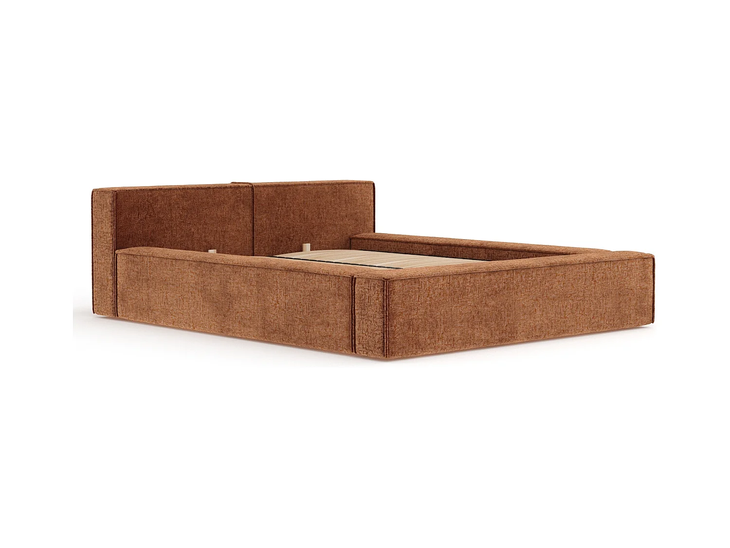 Lit coffre 200 x 200 cm avec tête de lit VOLIERA - en tissu chenille - cuivre