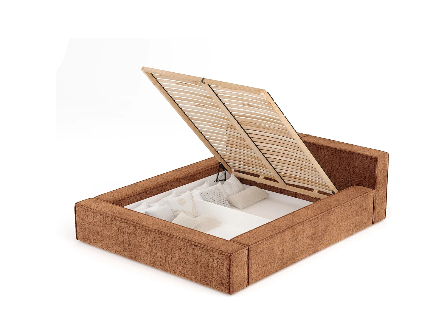 Lit coffre 200 x 200 cm avec tête de lit VOLIERA - en tissu chenille - cuivre