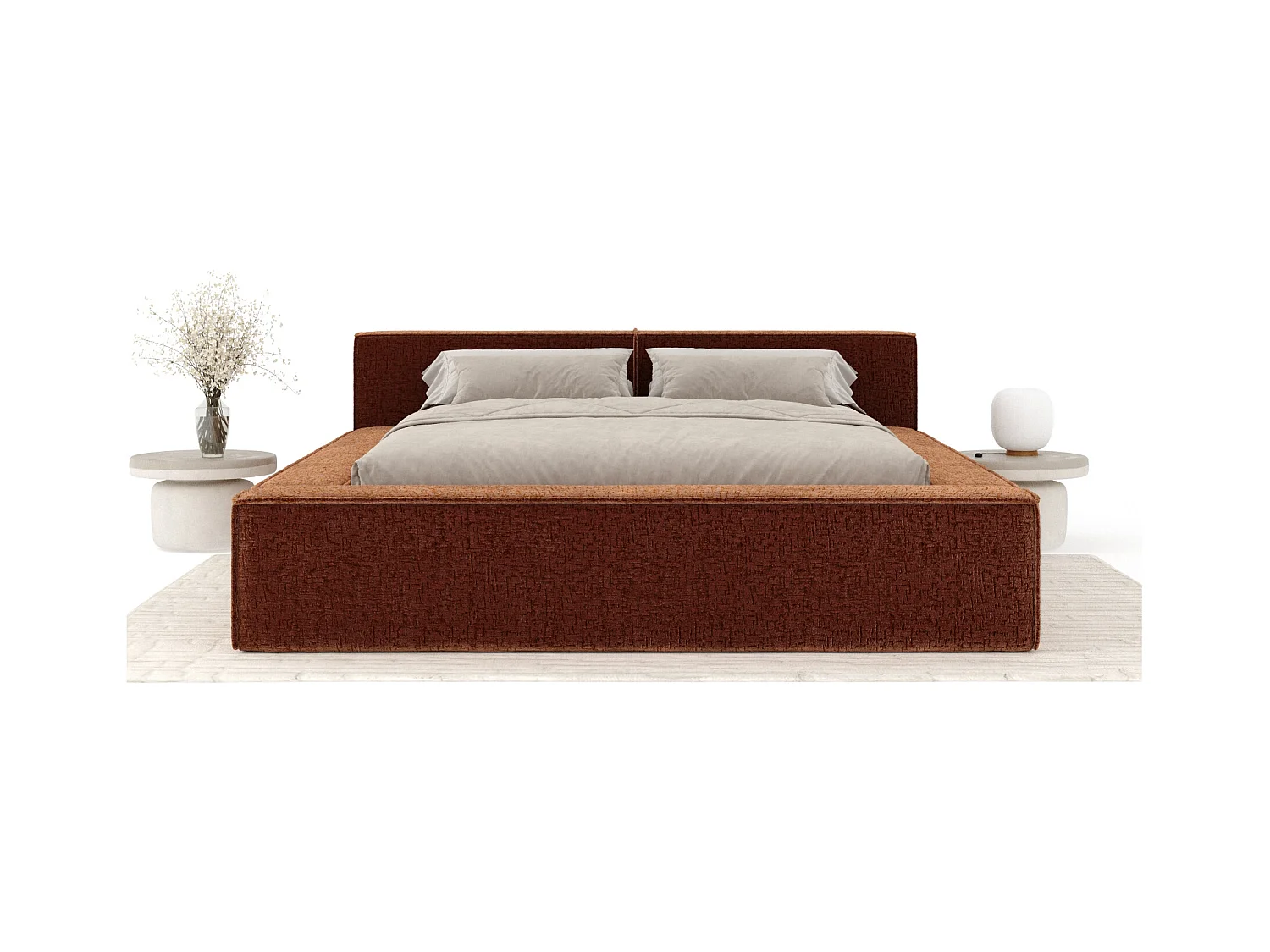 Lit coffre 200 x 200 cm avec tête de lit VOLIERA - en tissu chenille - cuivre