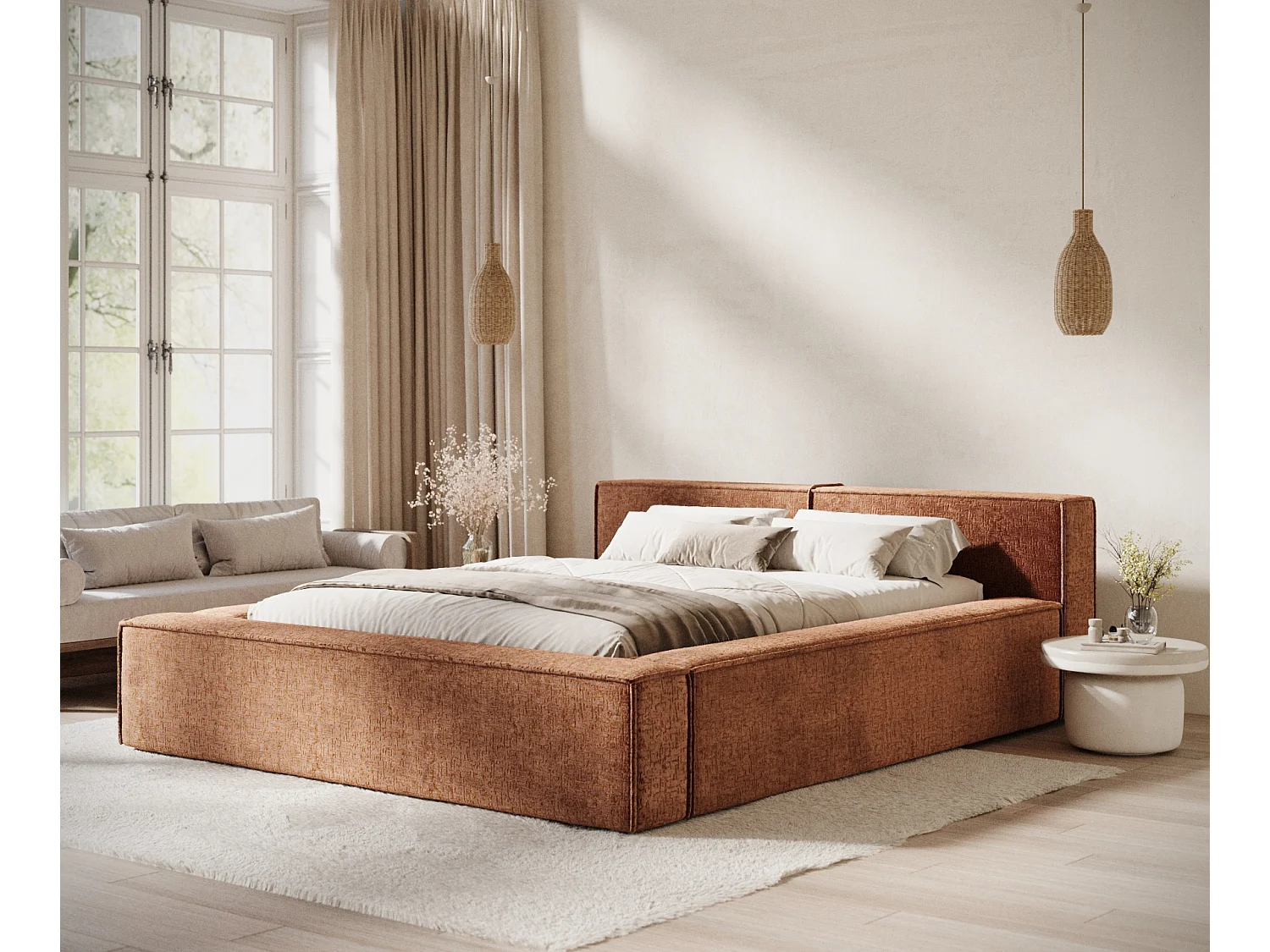 Lit coffre 200 x 200 cm avec tête de lit VOLIERA - en tissu chenille - miedziany