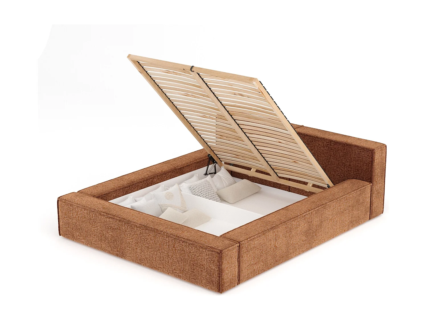 Lit coffre 200 x 200 cm avec tête de lit VOLIERA - en tissu chenille - miedziany