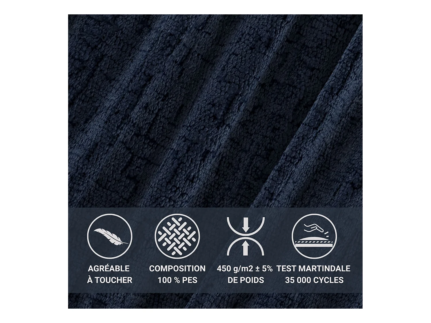 Lit coffre 140 x 200 cm avec tête de lit VOLIERA - en tissu chenille - bleu marine