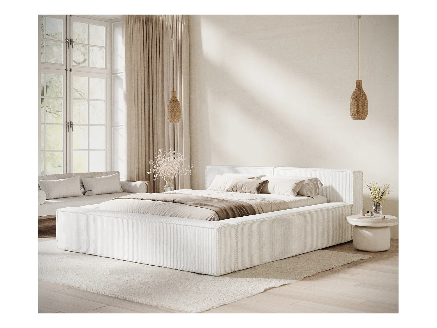 Lit coffre 140 x 200 cm avec tête de lit VOLIERA - en velours - creme