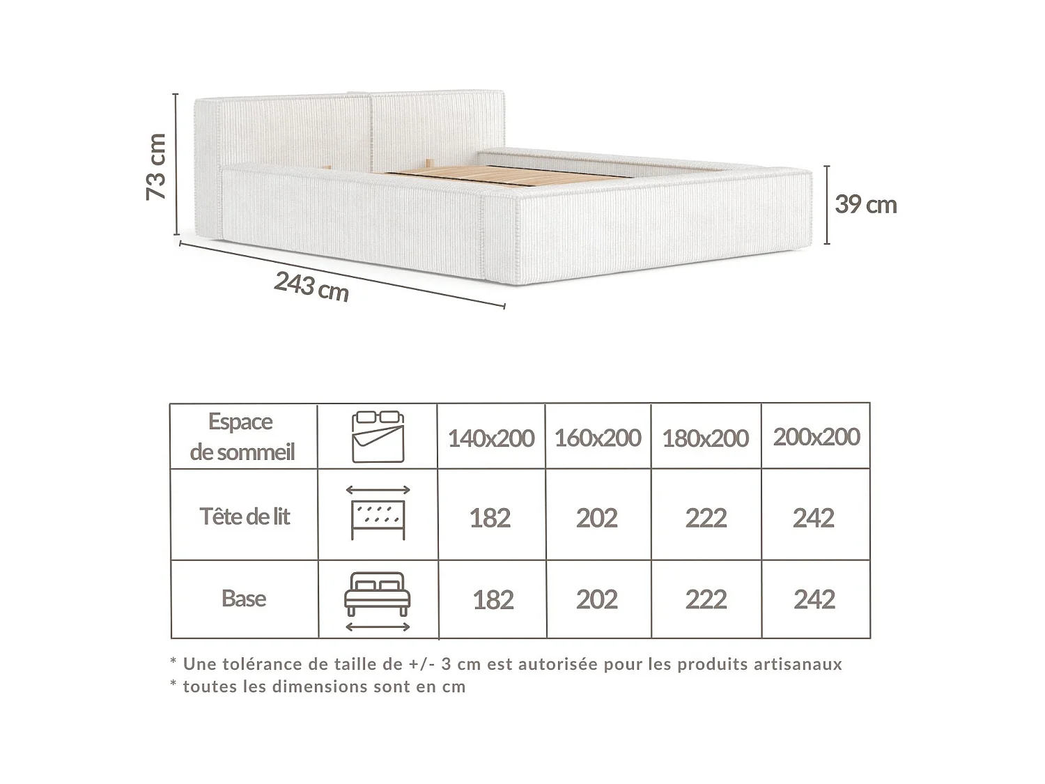 Lit coffre 140 x 200 cm avec tête de lit VOLIERA - en velours - creme